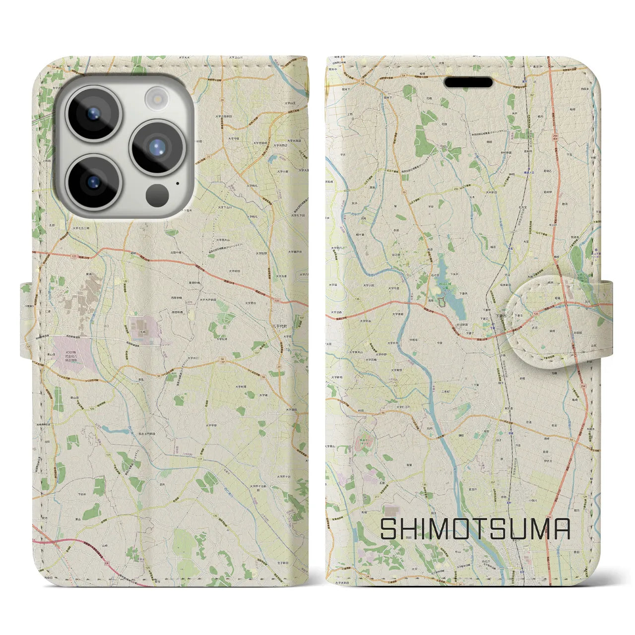 【下妻(茨城県)】地図柄iPhoneケース(手帳タイプ)ナチュラル・iPhone 15 Pro 用