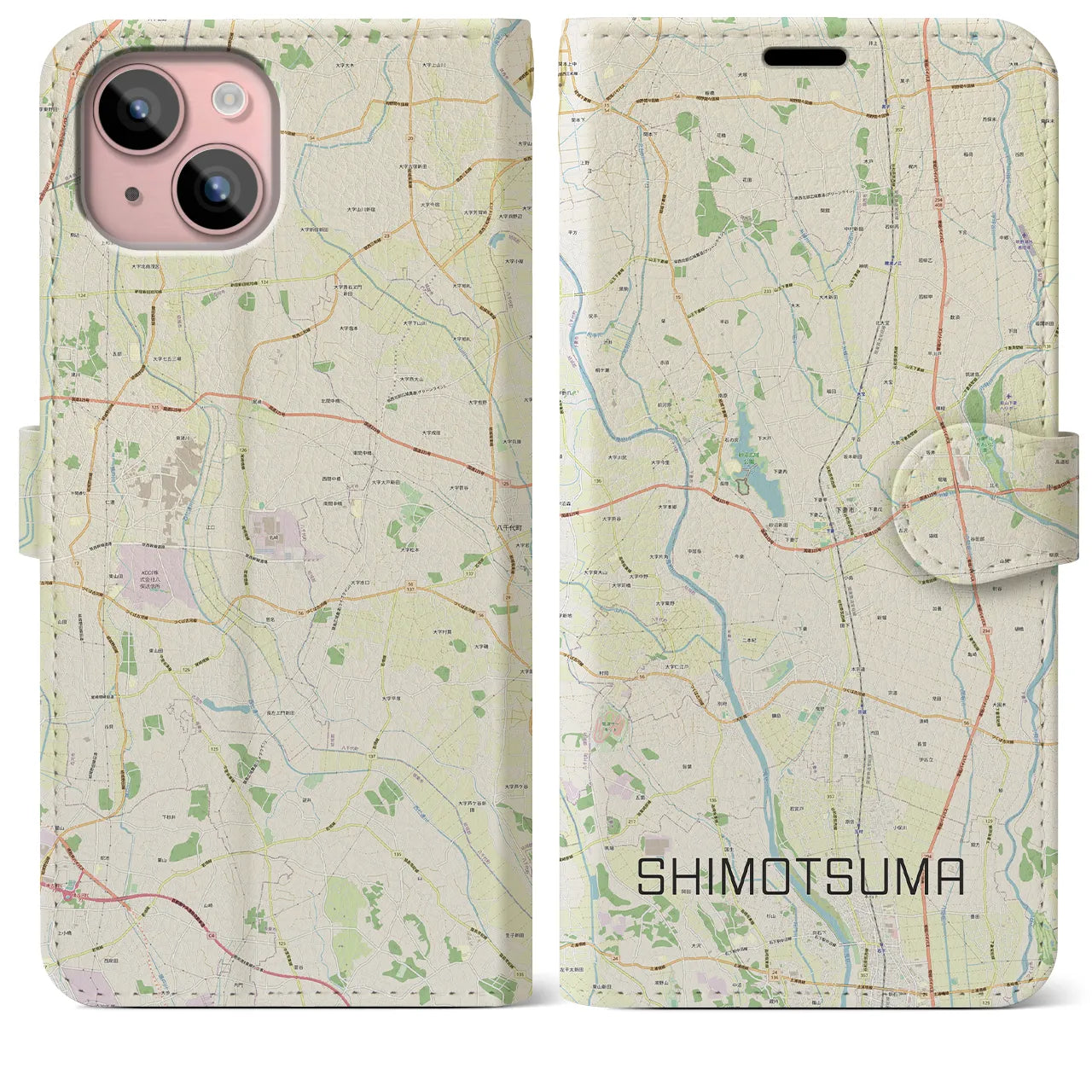 【下妻(茨城県)】地図柄iPhoneケース(手帳タイプ)ナチュラル・iPhone 15 Plus 用