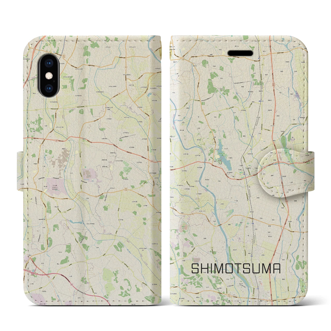 【下妻(茨城県)】地図柄iPhoneケース(手帳タイプ)ナチュラル・iPhone XS / X 用