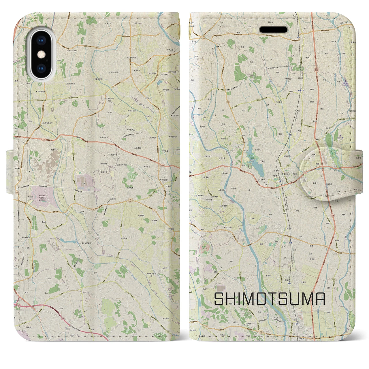 【下妻(茨城県)】地図柄iPhoneケース(手帳タイプ)ナチュラル・iPhone XS Max 用