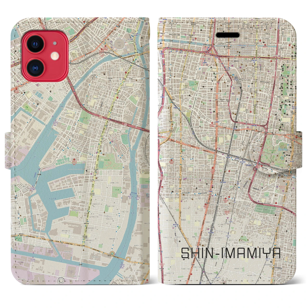【新今宮(大阪府)】地図柄iPhoneケース(手帳タイプ)ナチュラル・iPhone 11 用