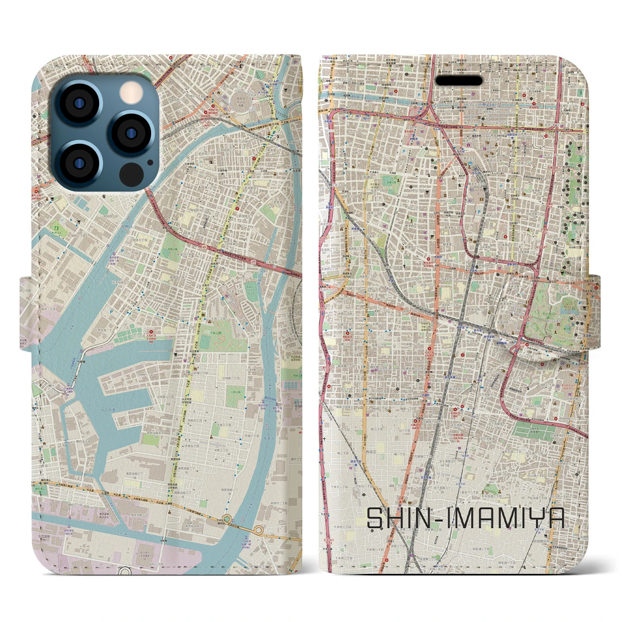 【新今宮(大阪府)】地図柄iPhoneケース(手帳タイプ)ナチュラル・iPhone 12 / 12 Pro 用