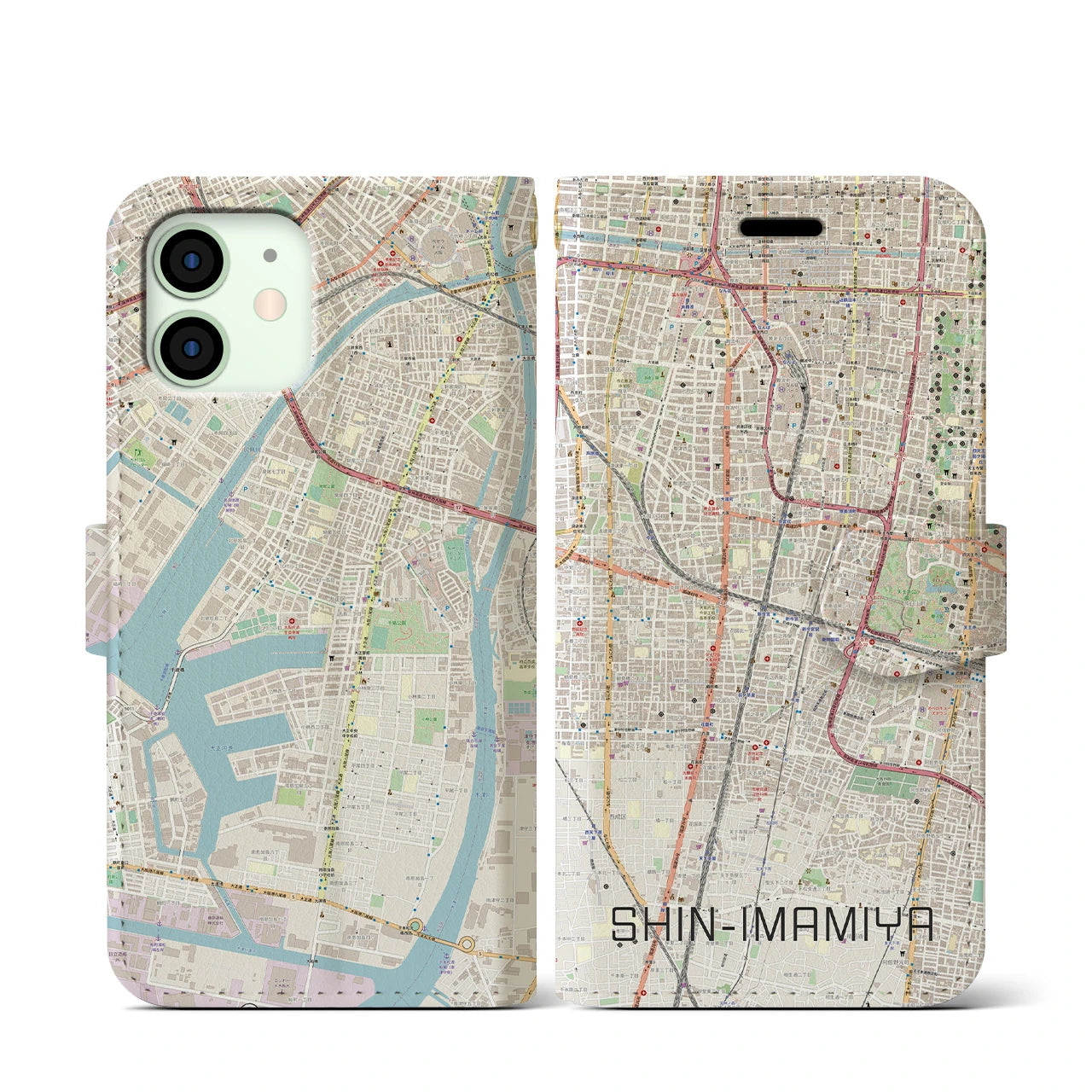 【新今宮(大阪府)】地図柄iPhoneケース(手帳タイプ)ナチュラル・iPhone 12 mini 用