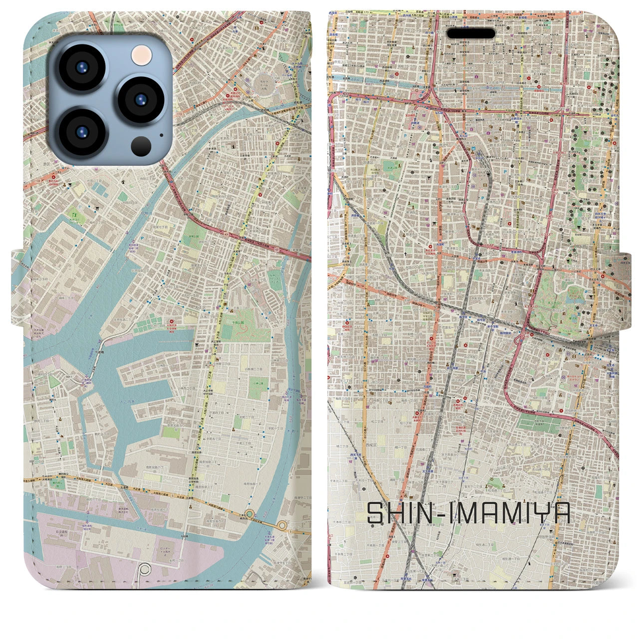 【新今宮(大阪府)】地図柄iPhoneケース(手帳タイプ)ナチュラル・iPhone 13 Pro Max 用