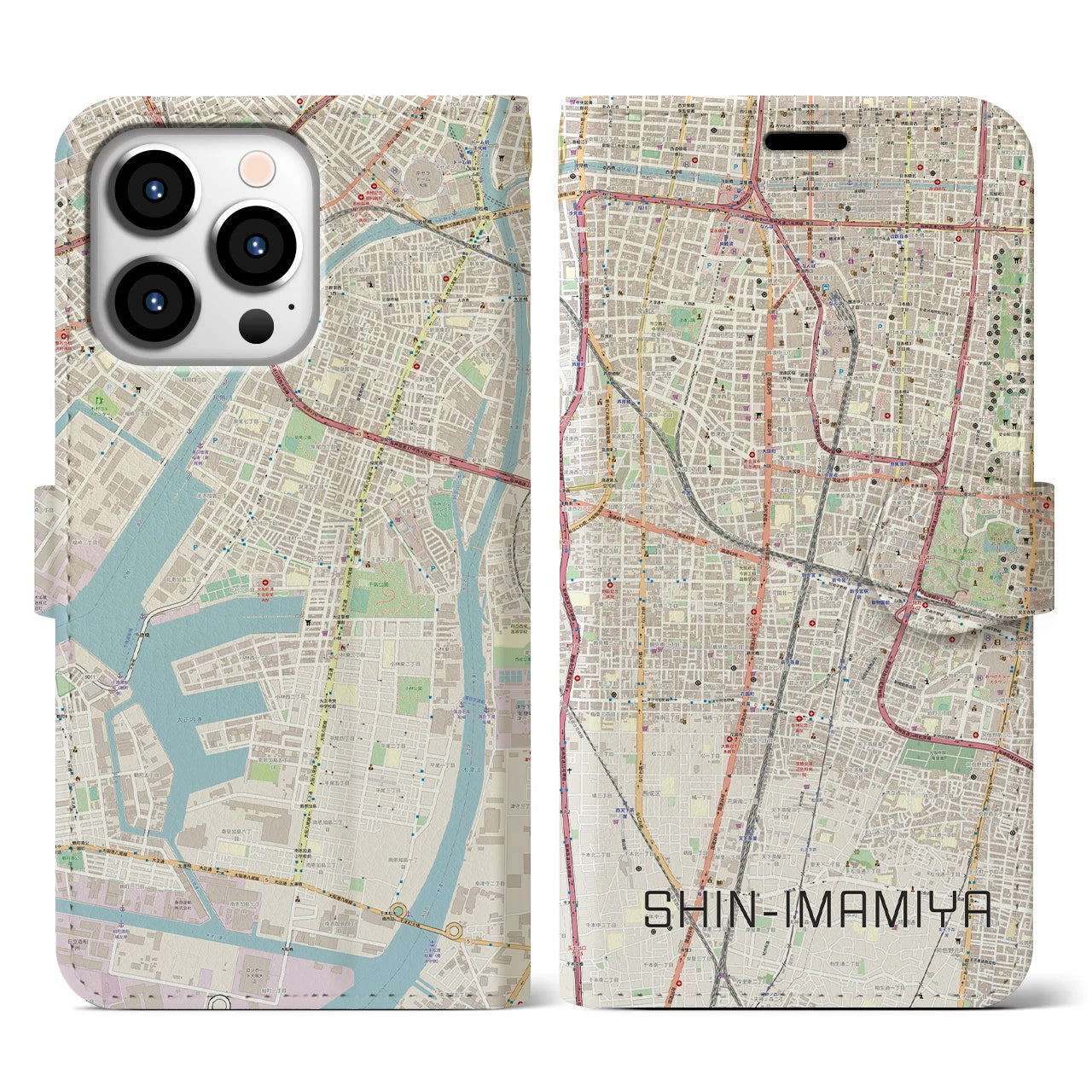 【新今宮(大阪府)】地図柄iPhoneケース(手帳タイプ)ナチュラル・iPhone 13 Pro 用