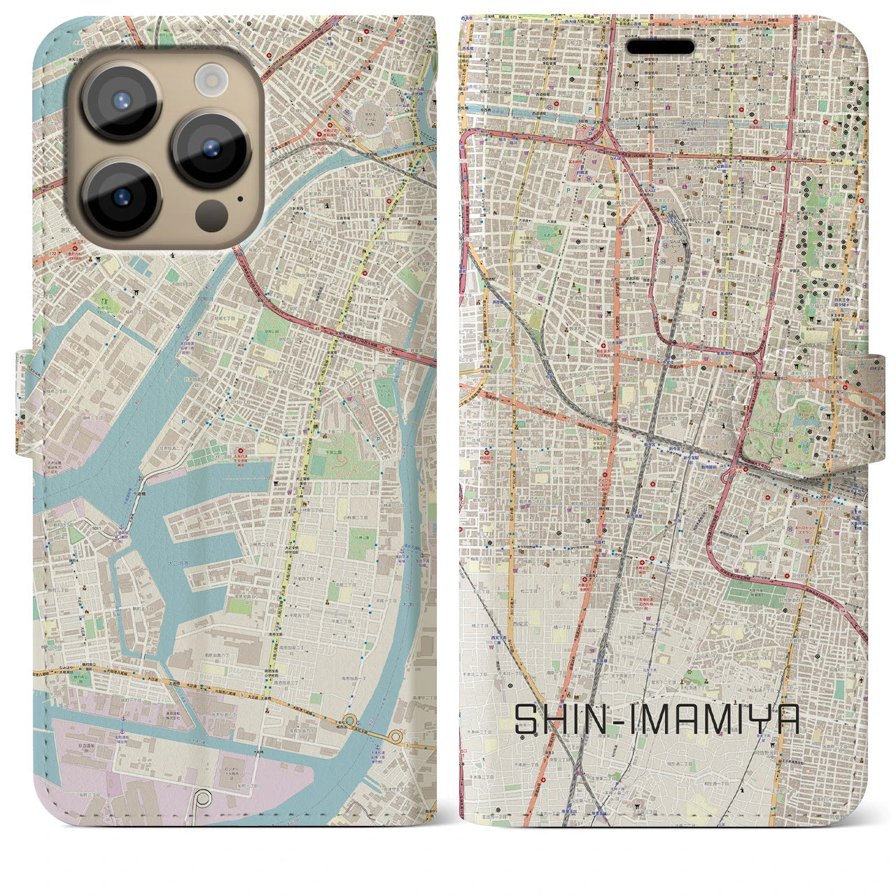【新今宮(大阪府)】地図柄iPhoneケース(手帳タイプ)ナチュラル・iPhone 14 Pro Max 用