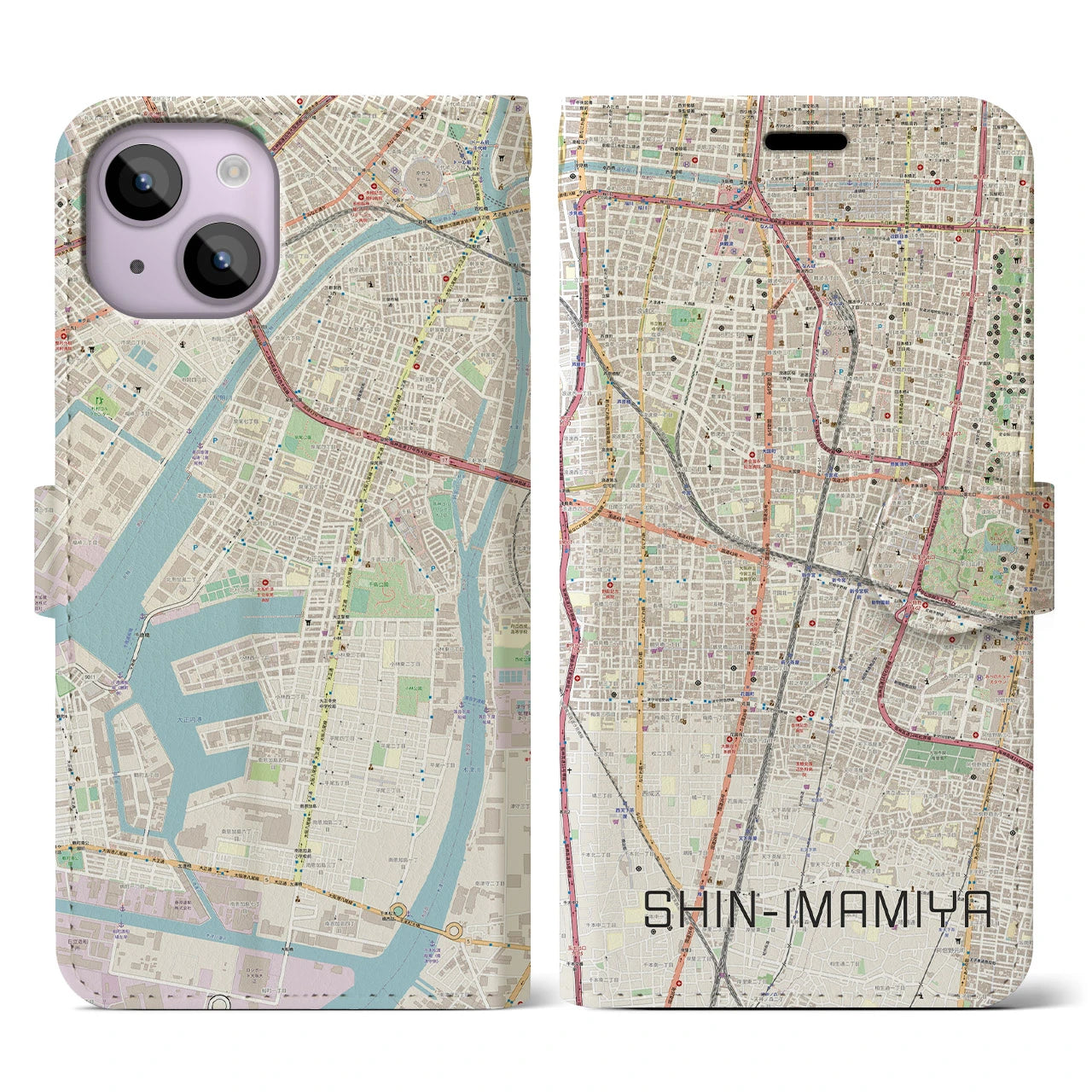 【新今宮(大阪府)】地図柄iPhoneケース(手帳タイプ)ナチュラル・iPhone 14 用