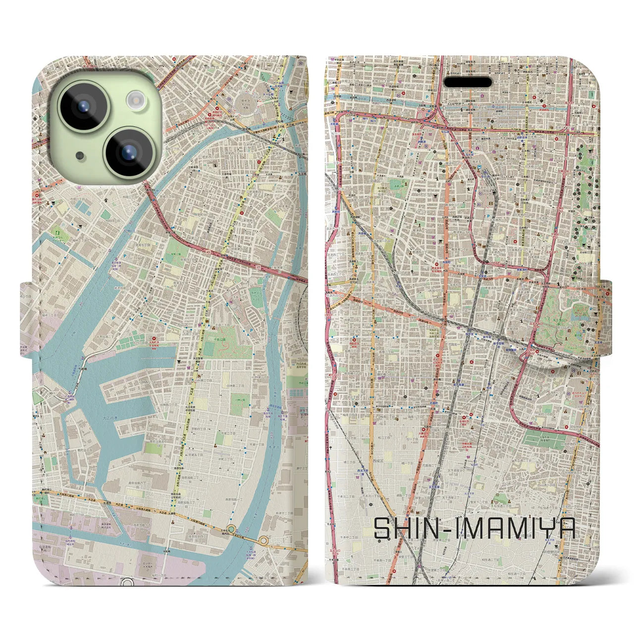 【新今宮(大阪府)】地図柄iPhoneケース(手帳タイプ)ナチュラル・iPhone 15 用