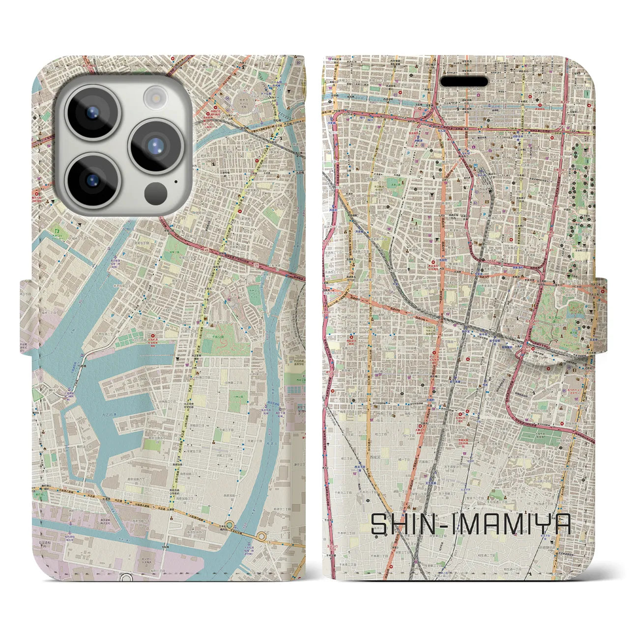 【新今宮(大阪府)】地図柄iPhoneケース(手帳タイプ)ナチュラル・iPhone 15 Pro 用