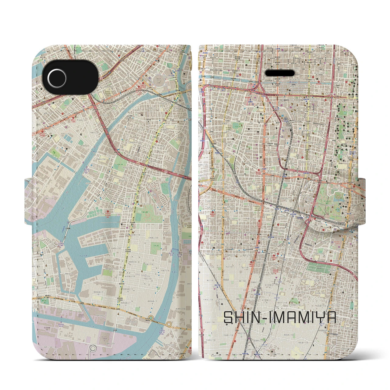 【新今宮(大阪府)】地図柄iPhoneケース(手帳タイプ)ナチュラル・iPhone SE(第3 / 第2世代) / 8 / 7 / 6s / 6 用