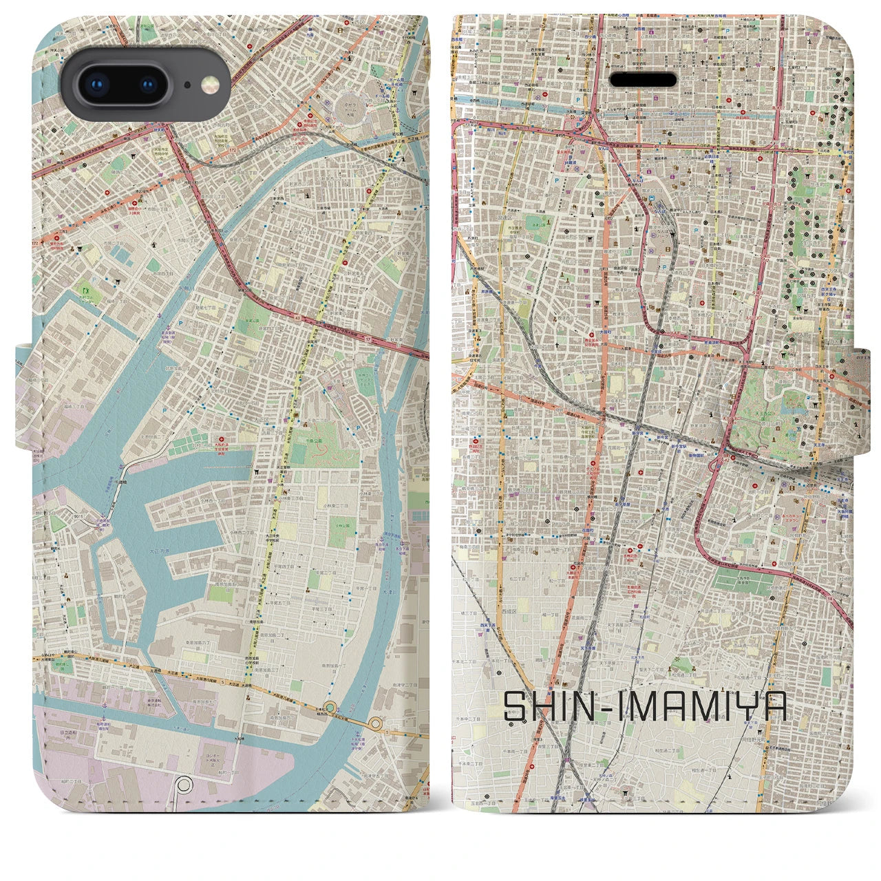 【新今宮(大阪府)】地図柄iPhoneケース(手帳タイプ)ナチュラル・iPhone 8Plus /7Plus / 6sPlus / 6Plus 用