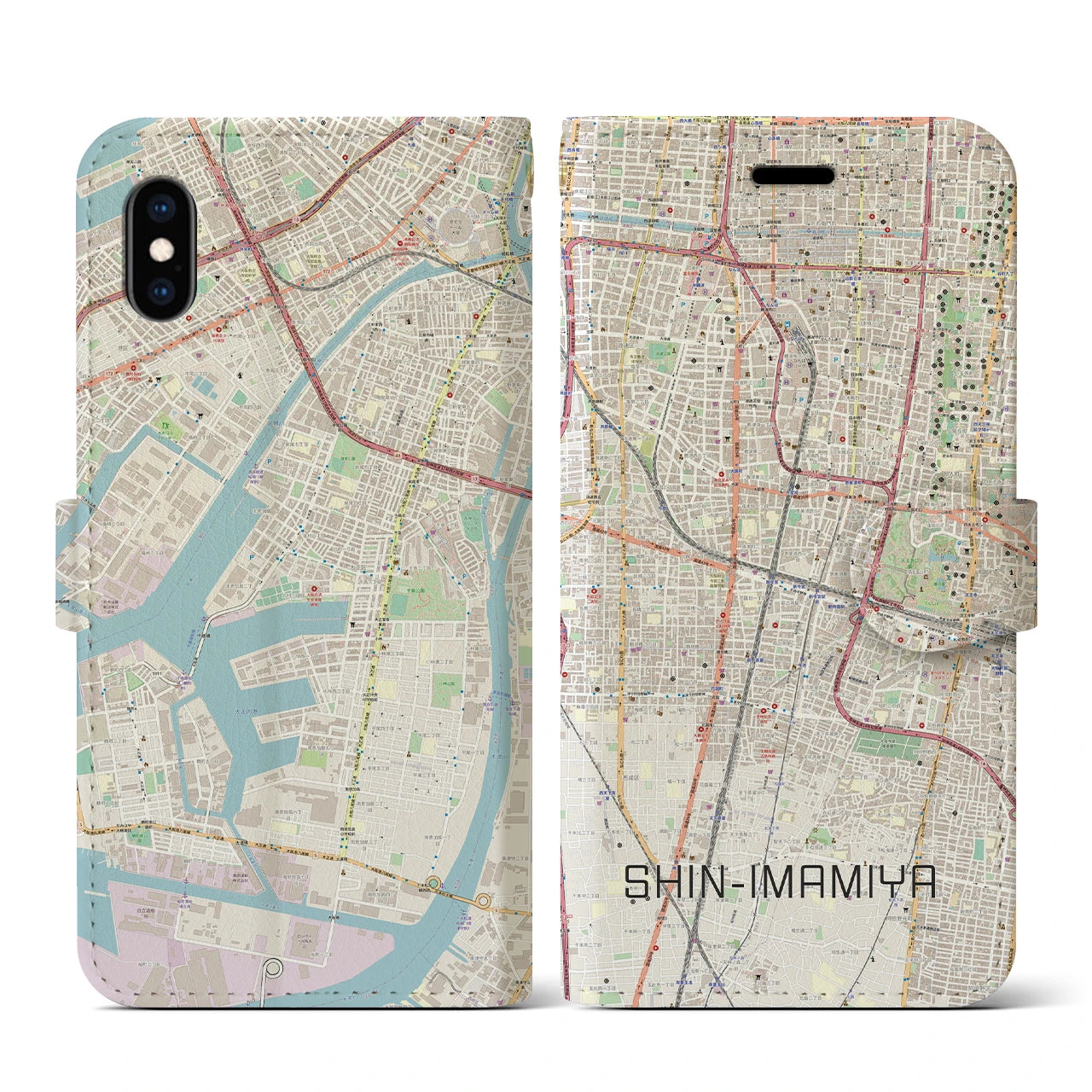 【新今宮(大阪府)】地図柄iPhoneケース(手帳タイプ)ナチュラル・iPhone XS / X 用