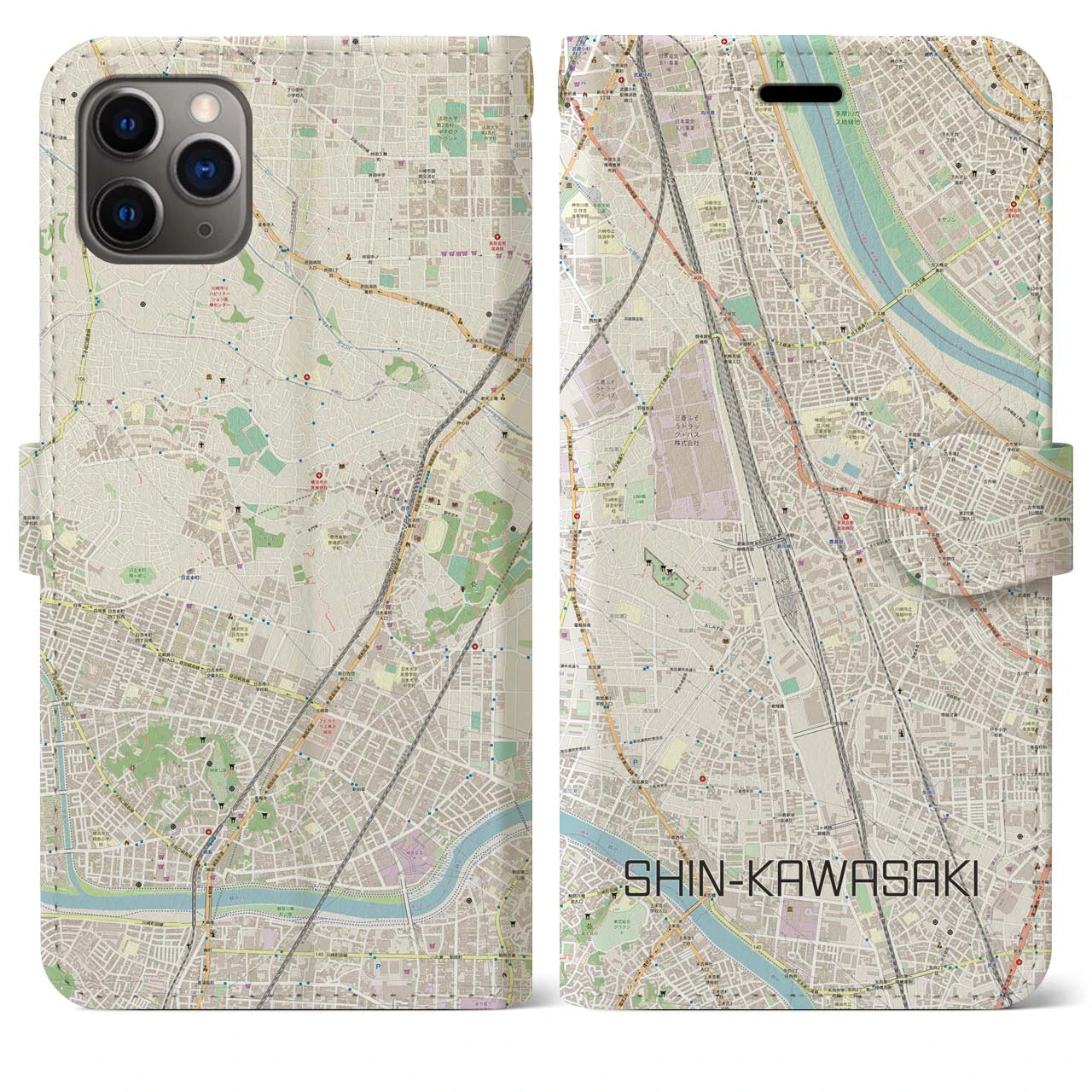 【新川崎(神奈川県)】地図柄iPhoneケース(手帳タイプ)ナチュラル・iPhone 11 Pro Max 用