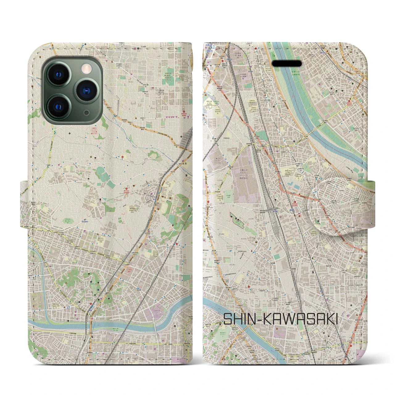 【新川崎(神奈川県)】地図柄iPhoneケース(手帳タイプ)ナチュラル・iPhone 11 Pro 用