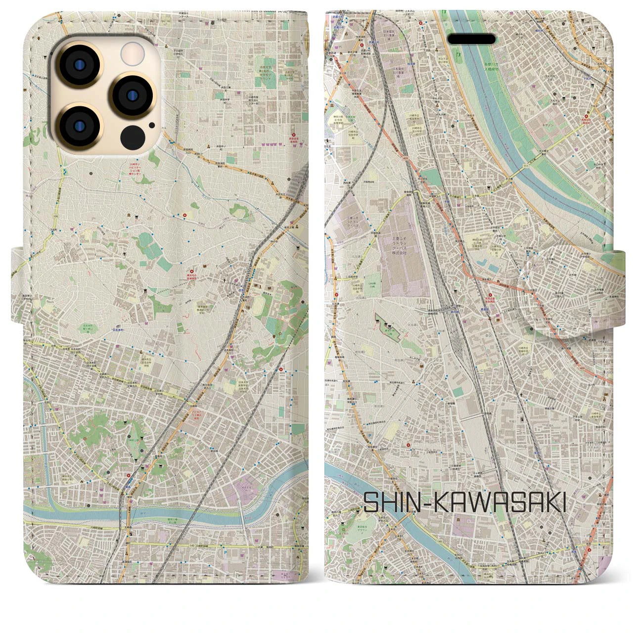 【新川崎(神奈川県)】地図柄iPhoneケース(手帳タイプ)ナチュラル・iPhone 12 Pro Max 用