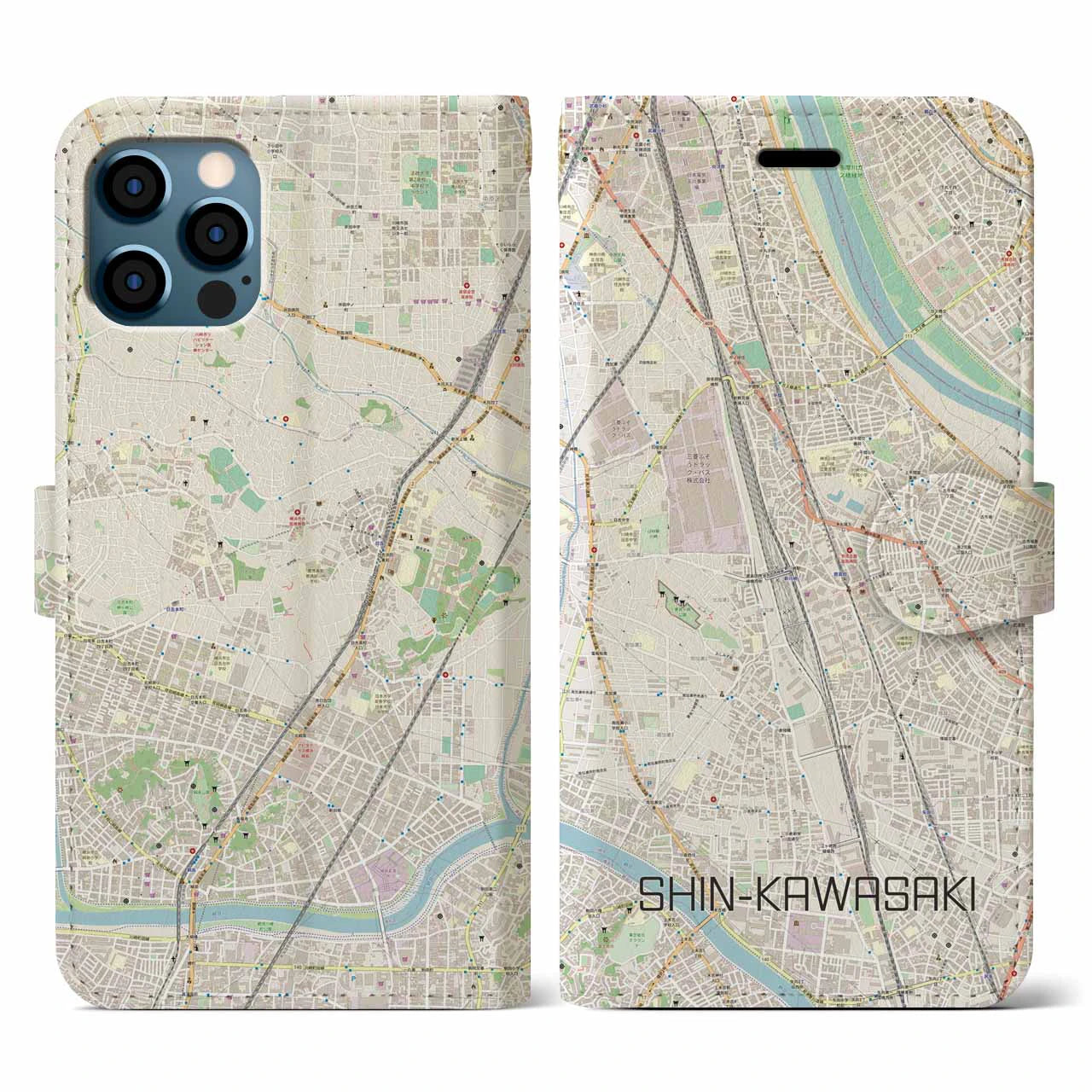 【新川崎(神奈川県)】地図柄iPhoneケース(手帳タイプ)ナチュラル・iPhone 12 / 12 Pro 用