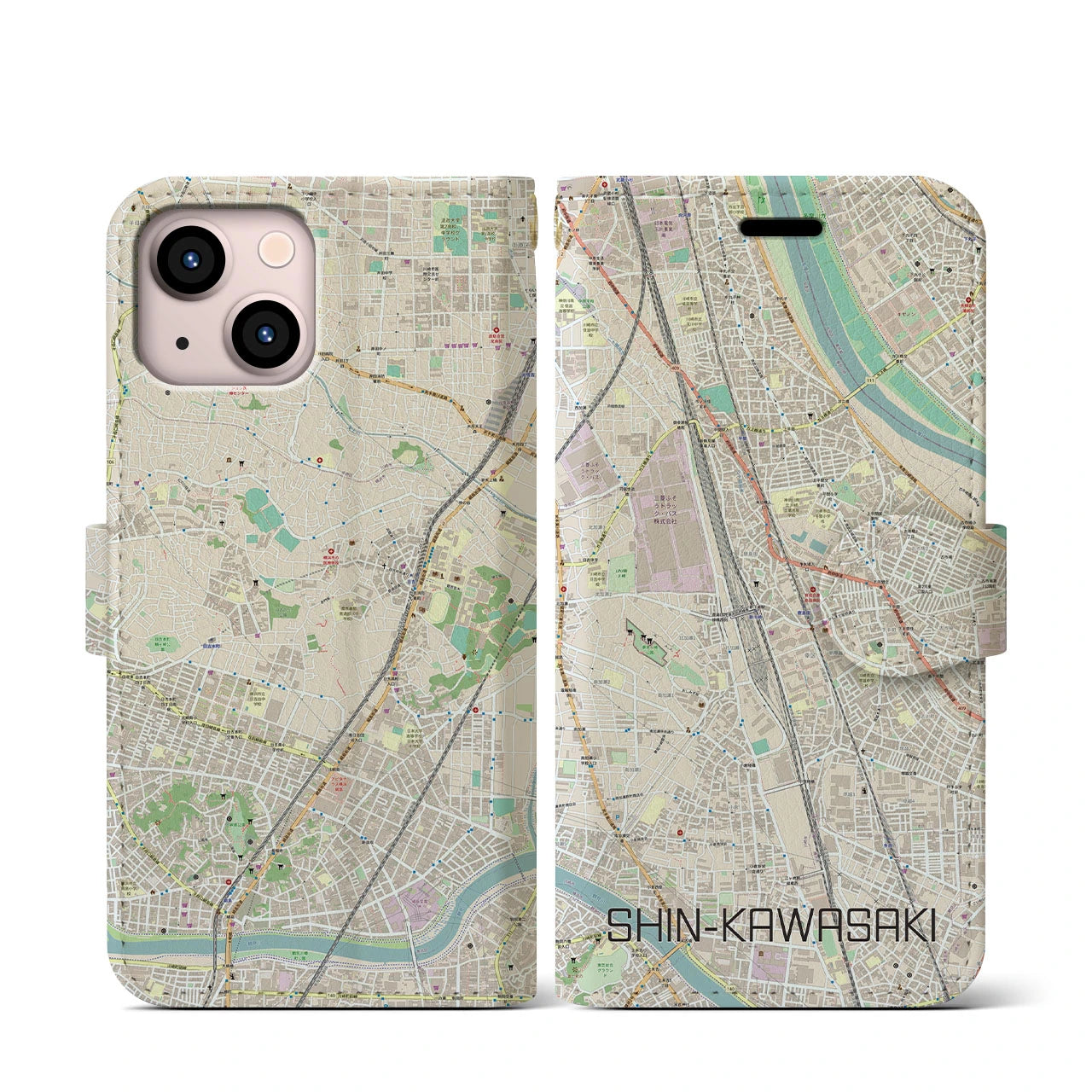 【新川崎(神奈川県)】地図柄iPhoneケース(手帳タイプ)ナチュラル・iPhone 13 mini 用