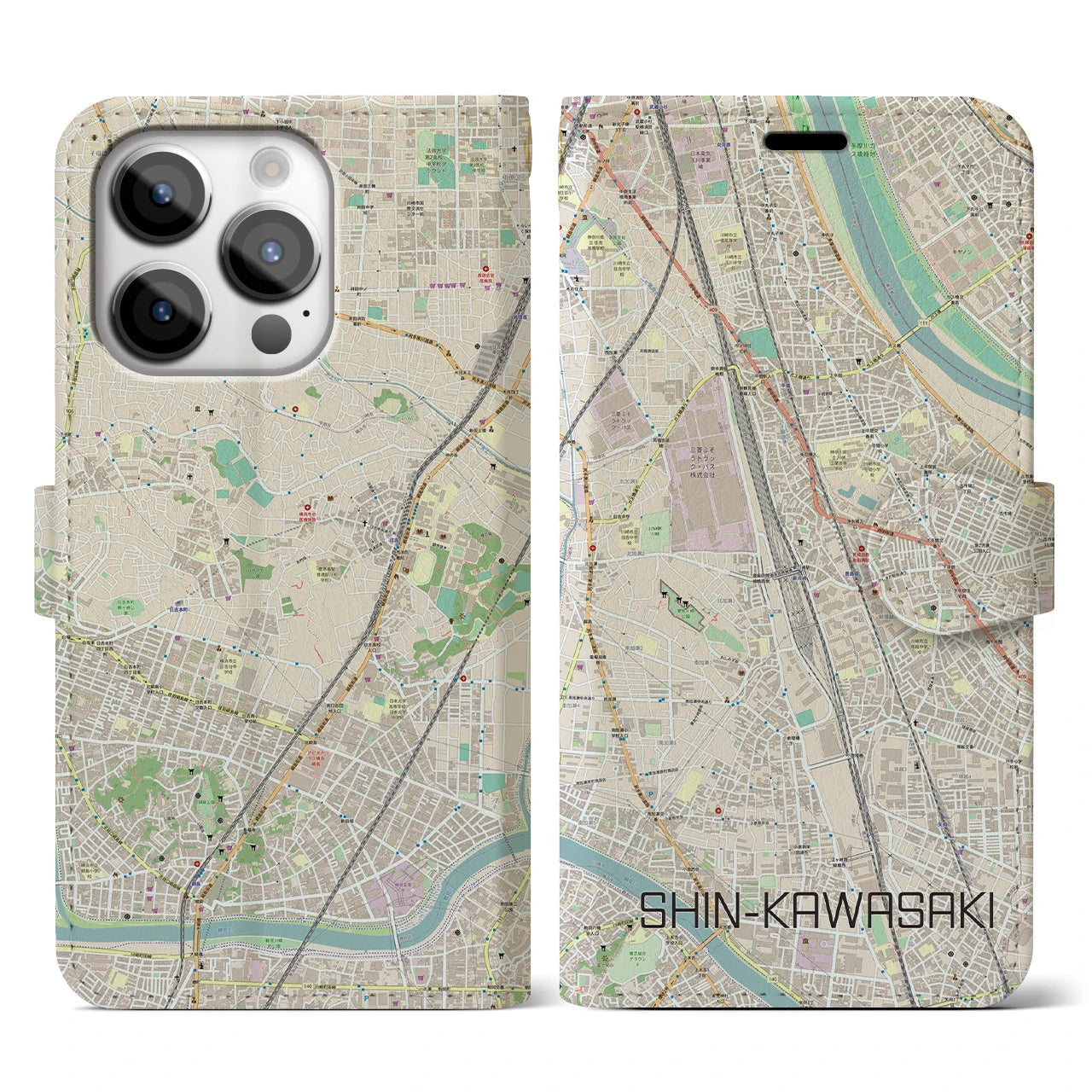 【新川崎(神奈川県)】地図柄iPhoneケース(手帳タイプ)ナチュラル・iPhone 14 Pro 用