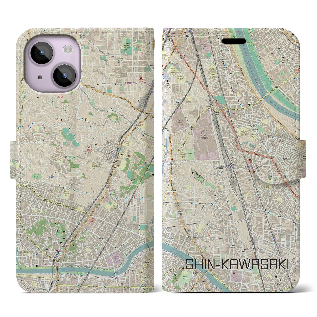 【新川崎(神奈川県)】地図柄iPhoneケース(手帳タイプ)ナチュラル・iPhone 14 用