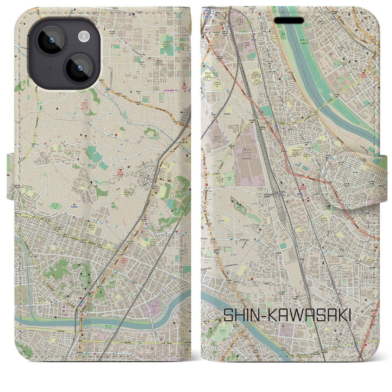 【新川崎(神奈川県)】地図柄iPhoneケース(手帳タイプ)ナチュラル・iPhone 14 Plus 用