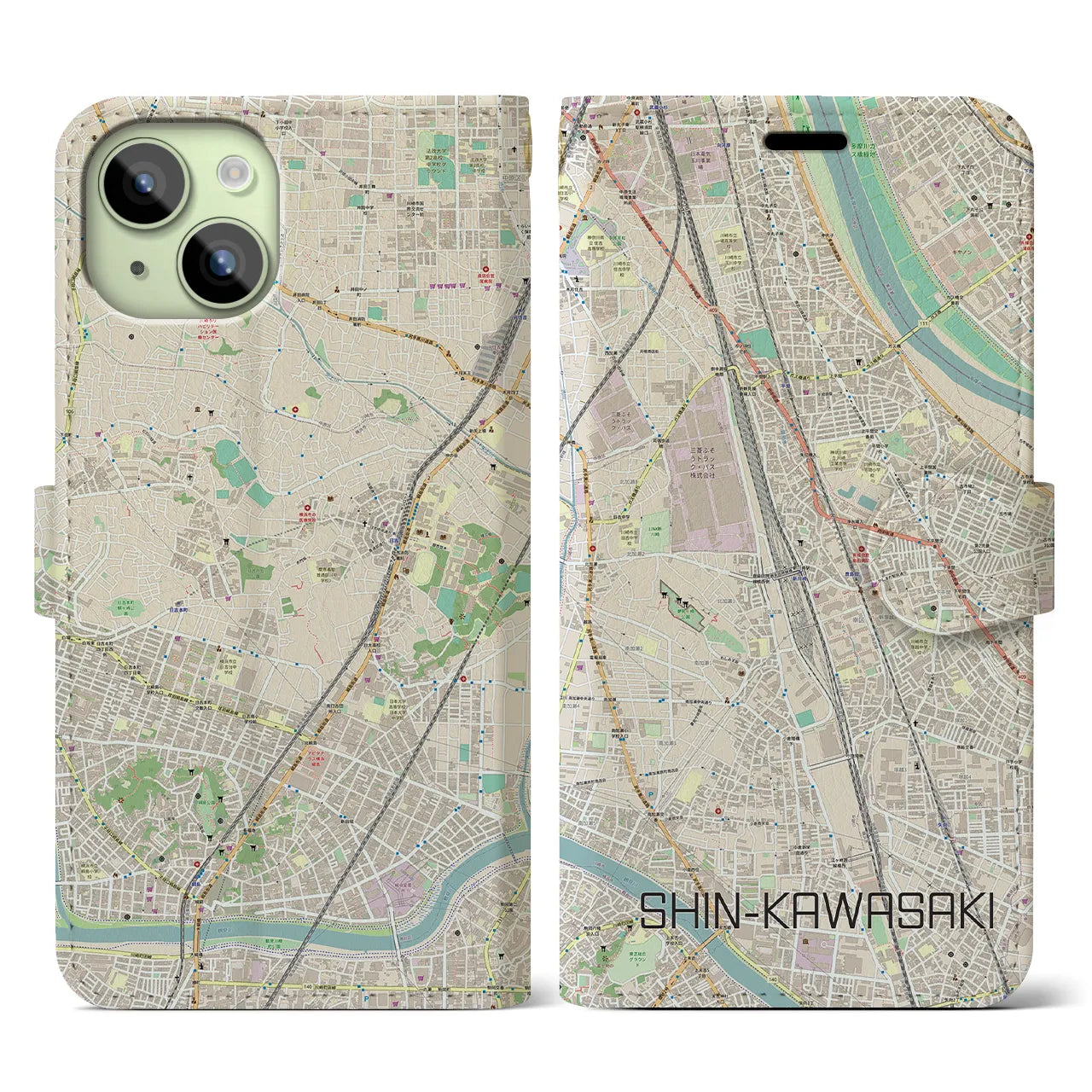 【新川崎(神奈川県)】地図柄iPhoneケース(手帳タイプ)ナチュラル・iPhone 15 用