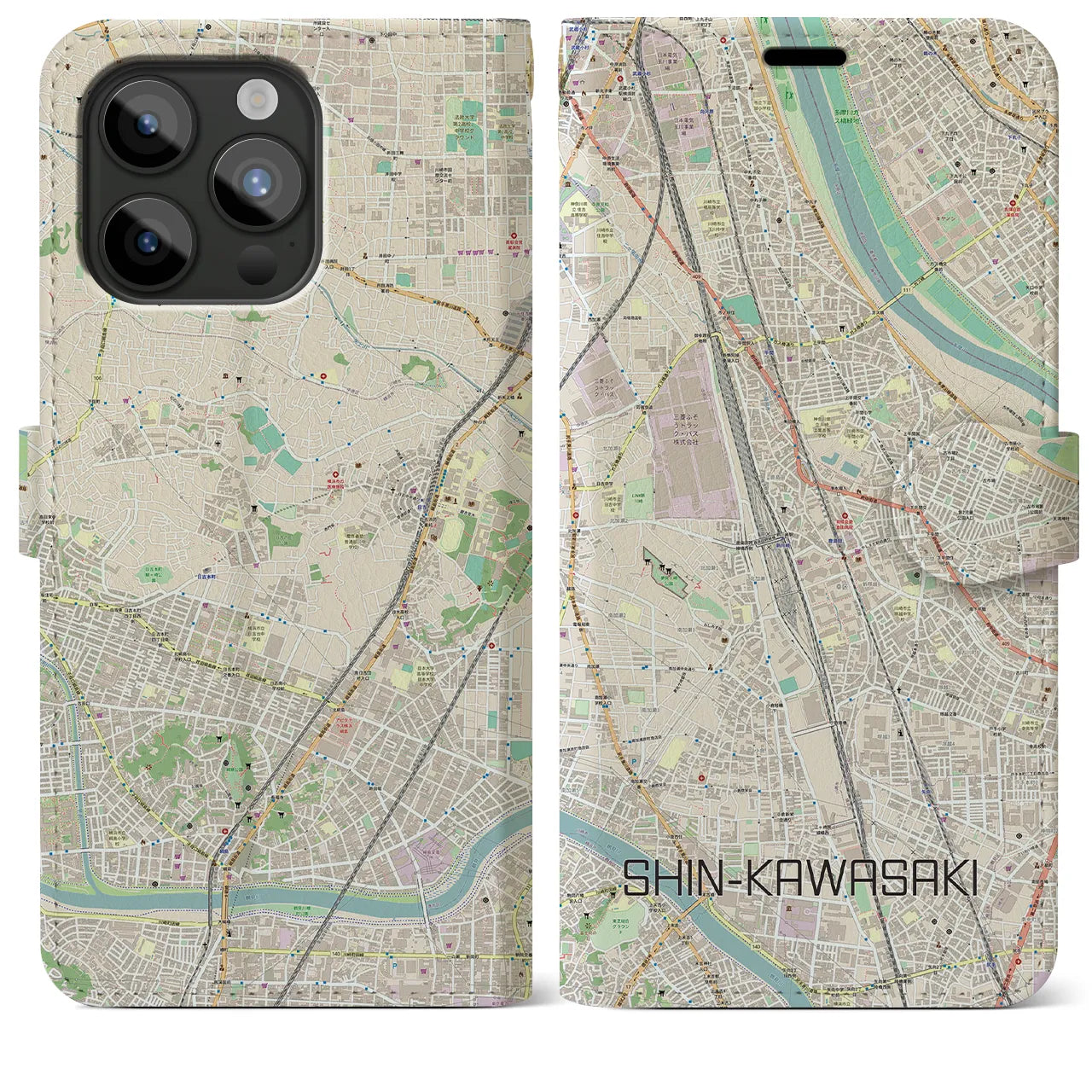 【新川崎(神奈川県)】地図柄iPhoneケース(手帳タイプ)ナチュラル・iPhone 15 Pro Max 用