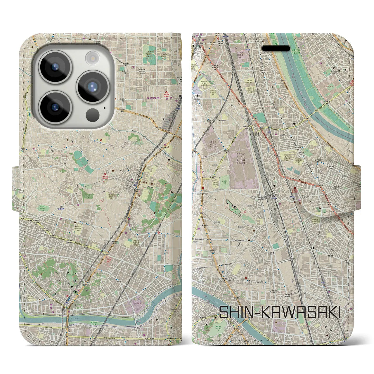 【新川崎(神奈川県)】地図柄iPhoneケース(手帳タイプ)ナチュラル・iPhone 15 Pro 用