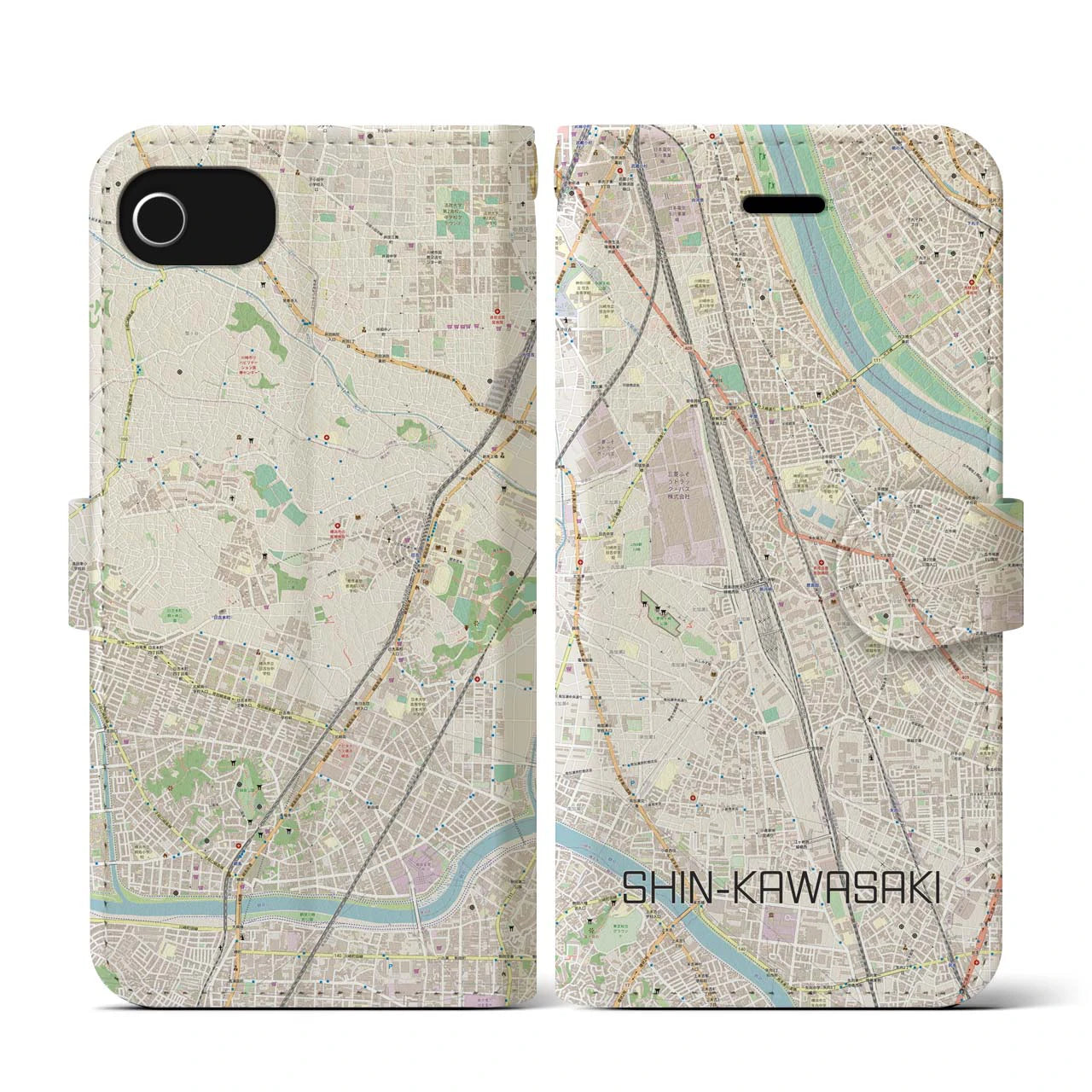 【新川崎(神奈川県)】地図柄iPhoneケース(手帳タイプ)ナチュラル・iPhone SE(第3 / 第2世代) / 8 / 7 / 6s / 6 用