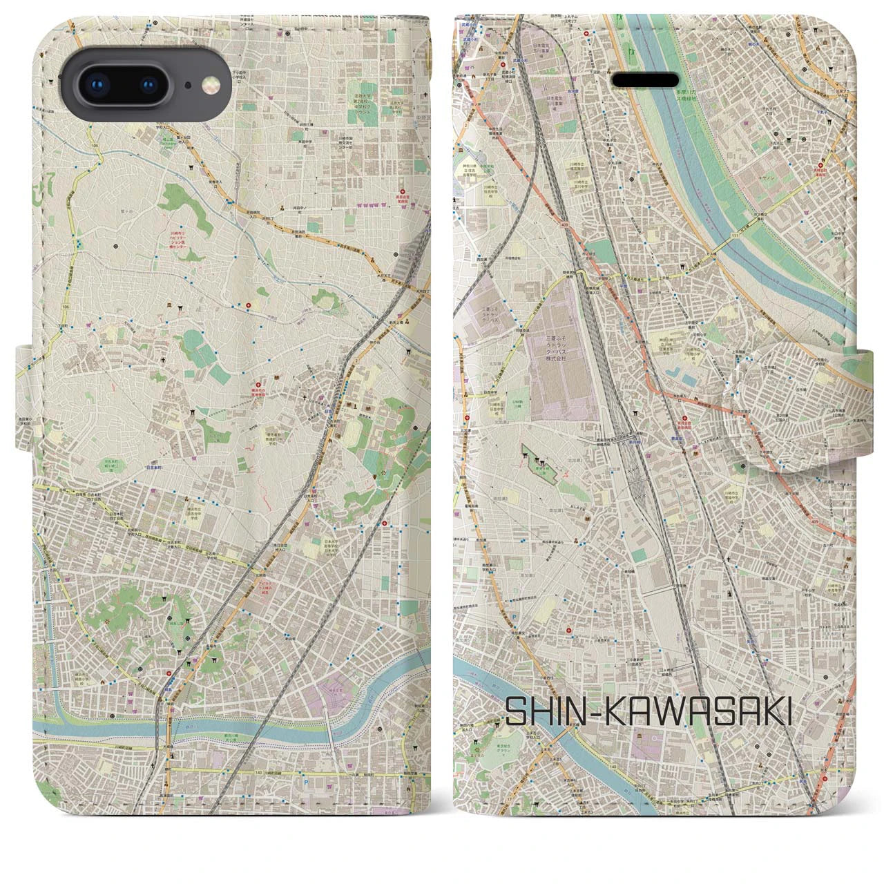 【新川崎(神奈川県)】地図柄iPhoneケース(手帳タイプ)ナチュラル・iPhone 8Plus /7Plus / 6sPlus / 6Plus 用