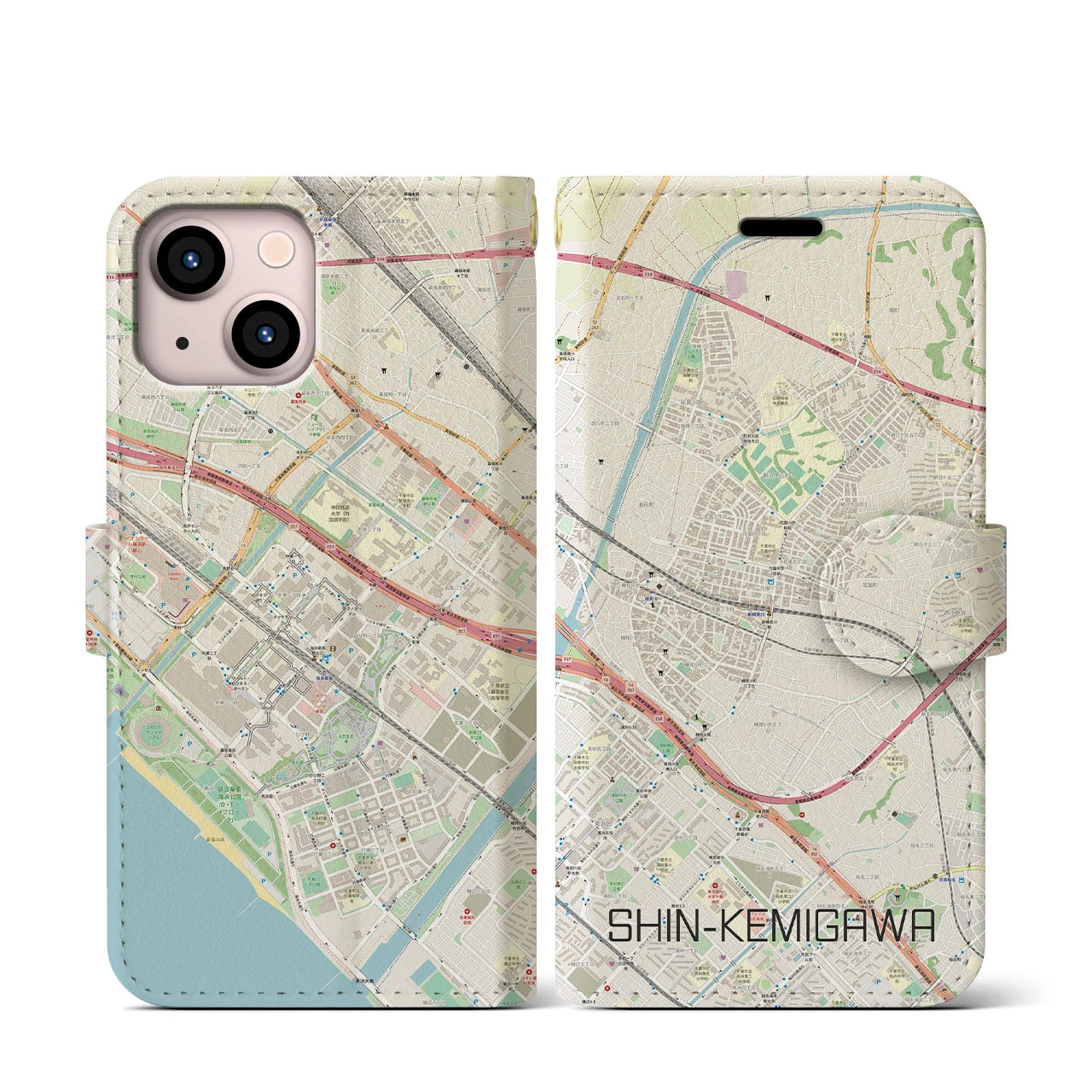 【新検見川(千葉県)】地図柄iPhoneケース(手帳タイプ)ナチュラル・iPhone 13 mini 用
