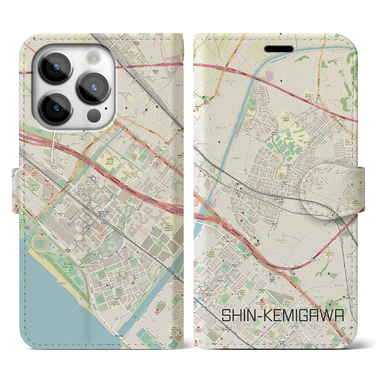 【新検見川(千葉県)】地図柄iPhoneケース(手帳タイプ)ナチュラル・iPhone 14 Pro 用