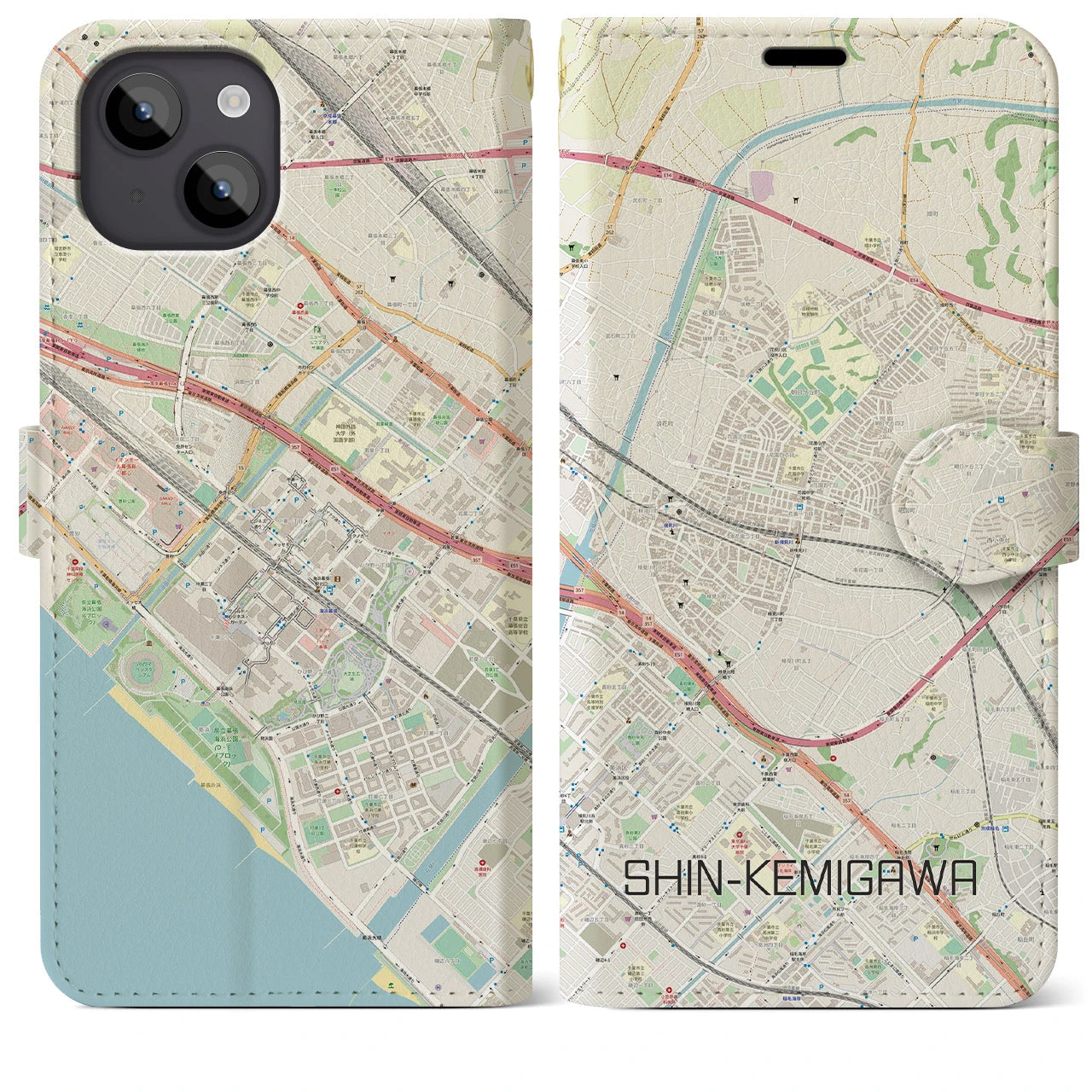 【新検見川(千葉県)】地図柄iPhoneケース(手帳タイプ)ナチュラル・iPhone 14 Plus 用