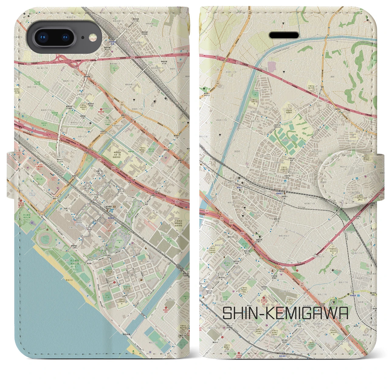 【新検見川(千葉県)】地図柄iPhoneケース(手帳タイプ)ナチュラル・iPhone 8Plus /7Plus / 6sPlus / 6Plus 用