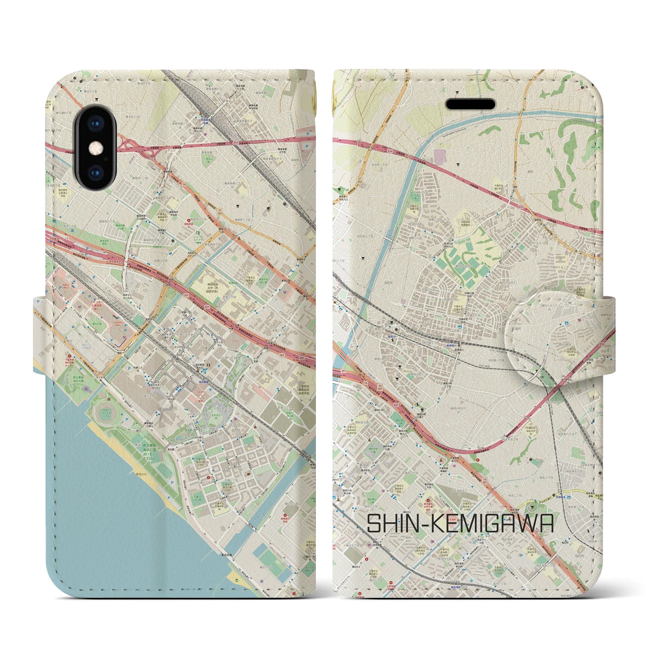 【新検見川(千葉県)】地図柄iPhoneケース(手帳タイプ)ナチュラル・iPhone XS / X 用