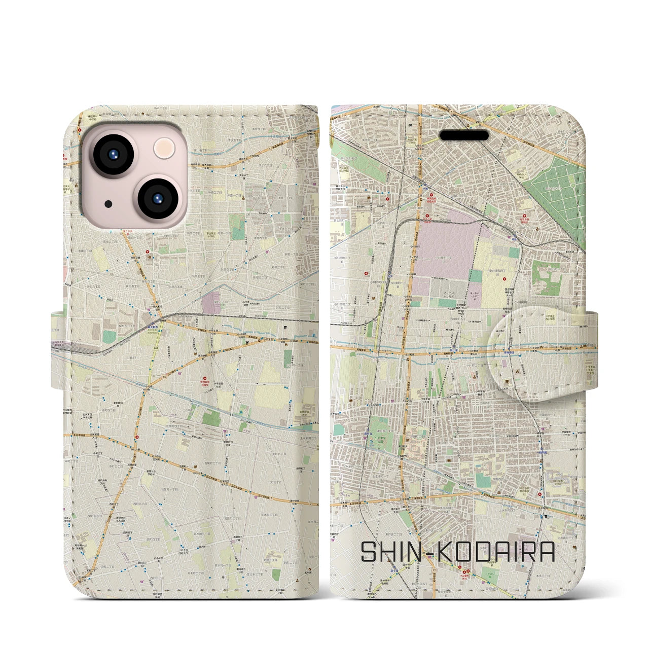 【新小平(東京都)】地図柄iPhoneケース(手帳タイプ)ナチュラル・iPhone 13 mini 用