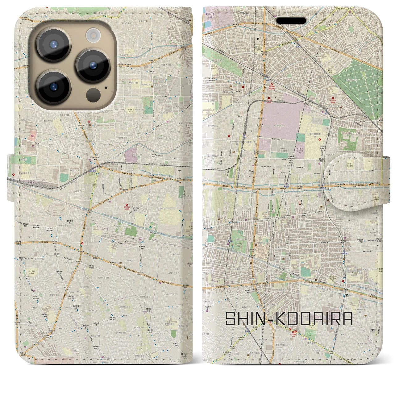 【新小平(東京都)】地図柄iPhoneケース(手帳タイプ)ナチュラル・iPhone 14 Pro Max 用