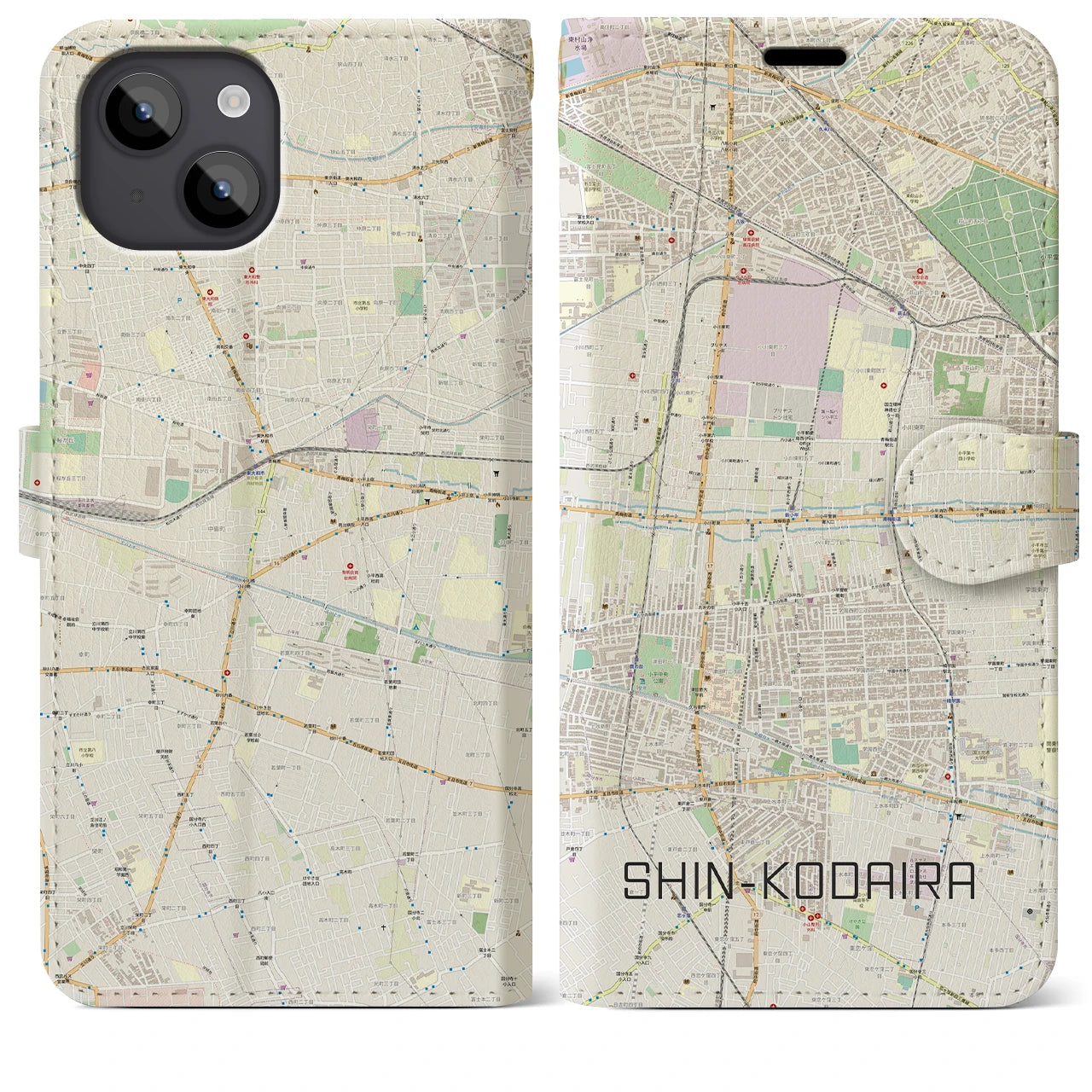 【新小平(東京都)】地図柄iPhoneケース(手帳タイプ)ナチュラル・iPhone 14 Plus 用