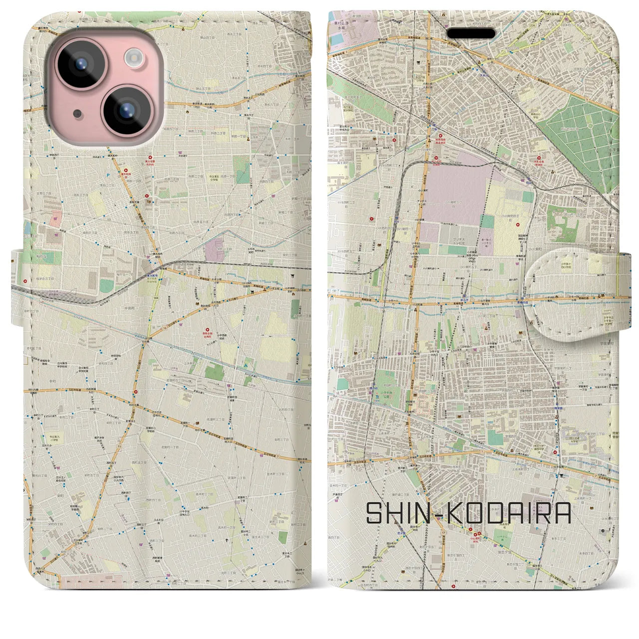 【新小平(東京都)】地図柄iPhoneケース(手帳タイプ)ナチュラル・iPhone 15 Plus 用