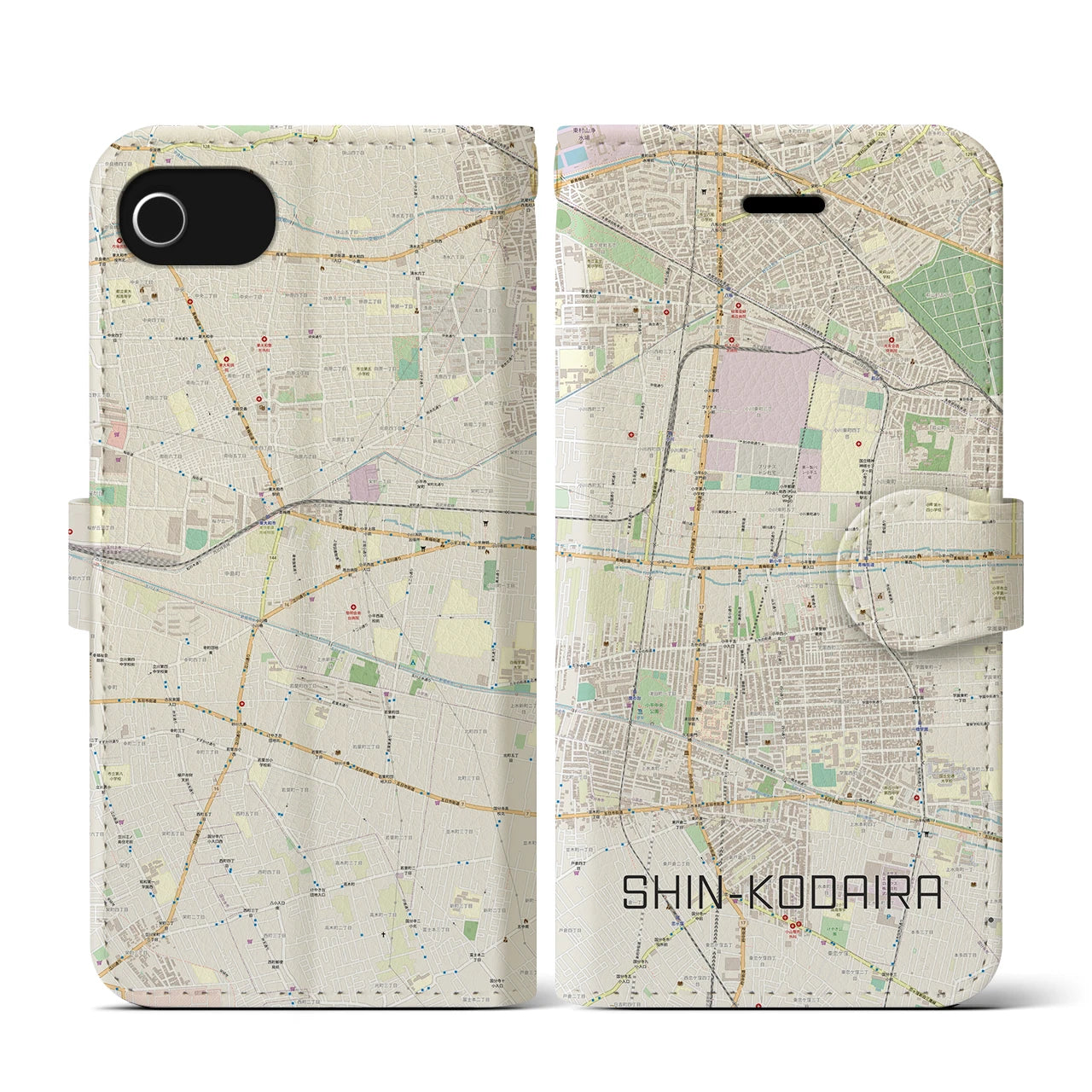【新小平(東京都)】地図柄iPhoneケース(手帳タイプ)ナチュラル・iPhone SE(第3 / 第2世代) / 8 / 7 / 6s / 6 用