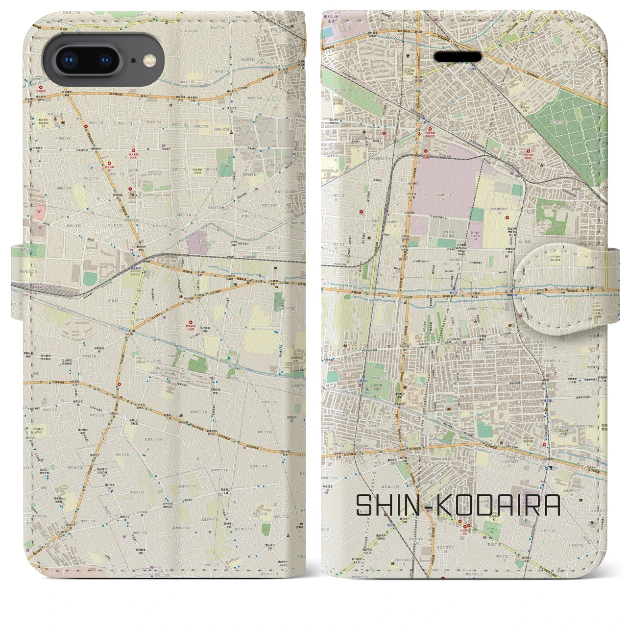 【新小平(東京都)】地図柄iPhoneケース(手帳タイプ)ナチュラル・iPhone 8Plus /7Plus / 6sPlus / 6Plus 用