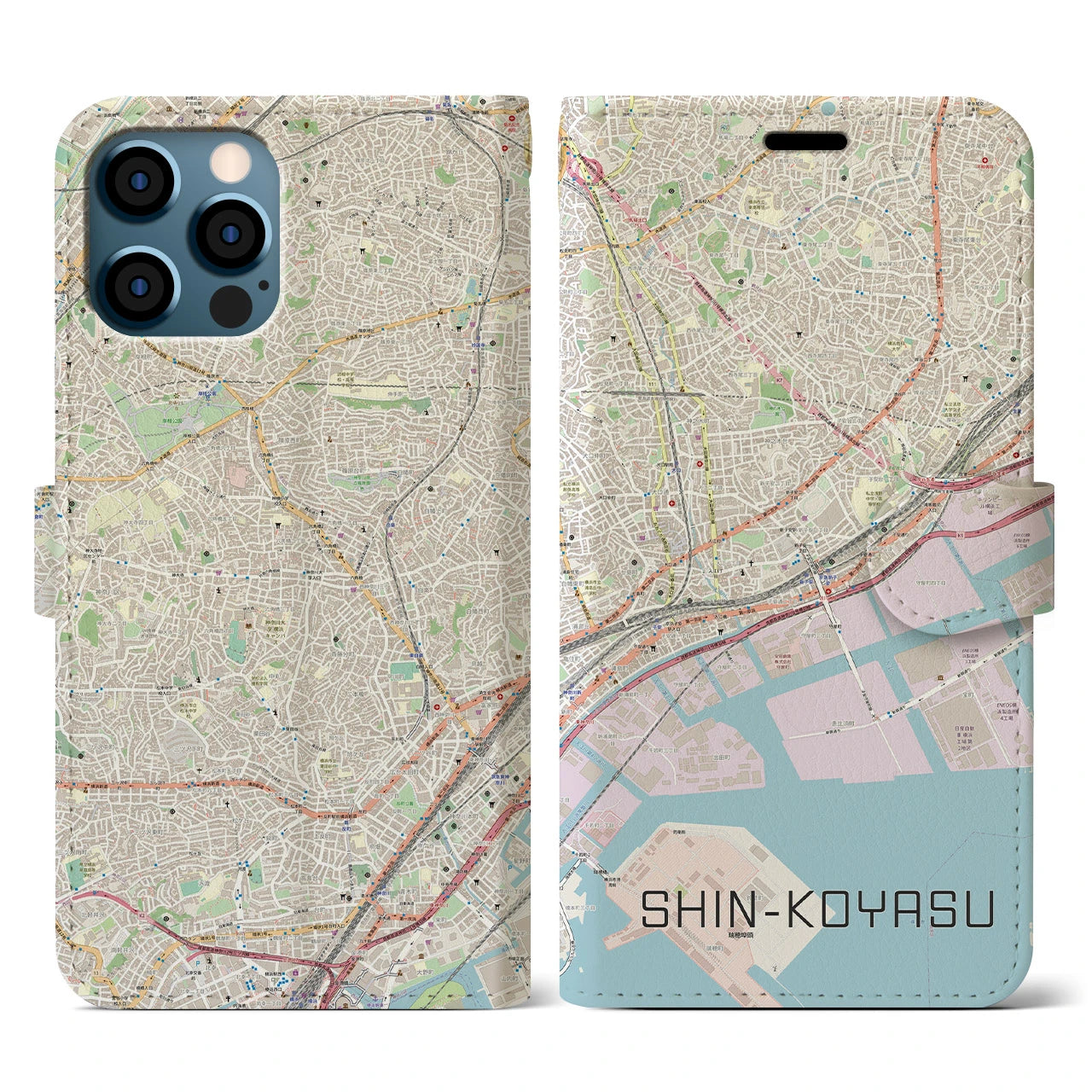 【新子安(神奈川県)】地図柄iPhoneケース(手帳タイプ)ナチュラル・iPhone 12 / 12 Pro 用