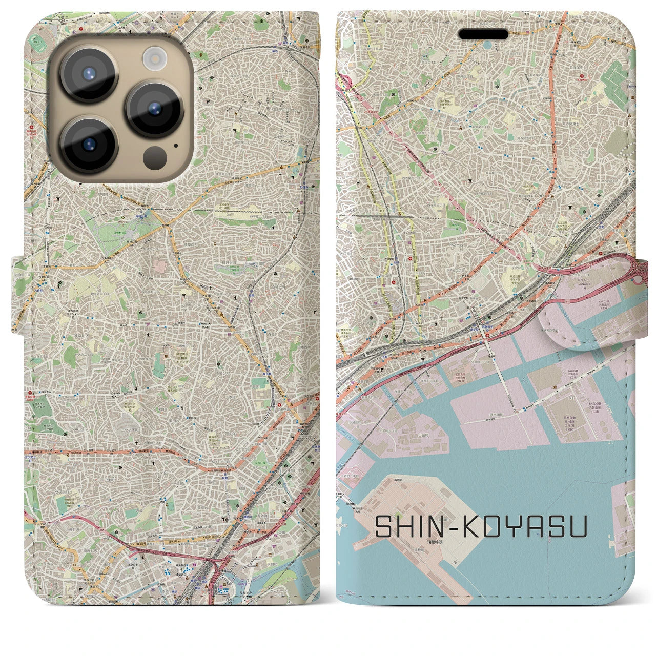 【新子安(神奈川県)】地図柄iPhoneケース(手帳タイプ)ナチュラル・iPhone 14 Pro Max 用