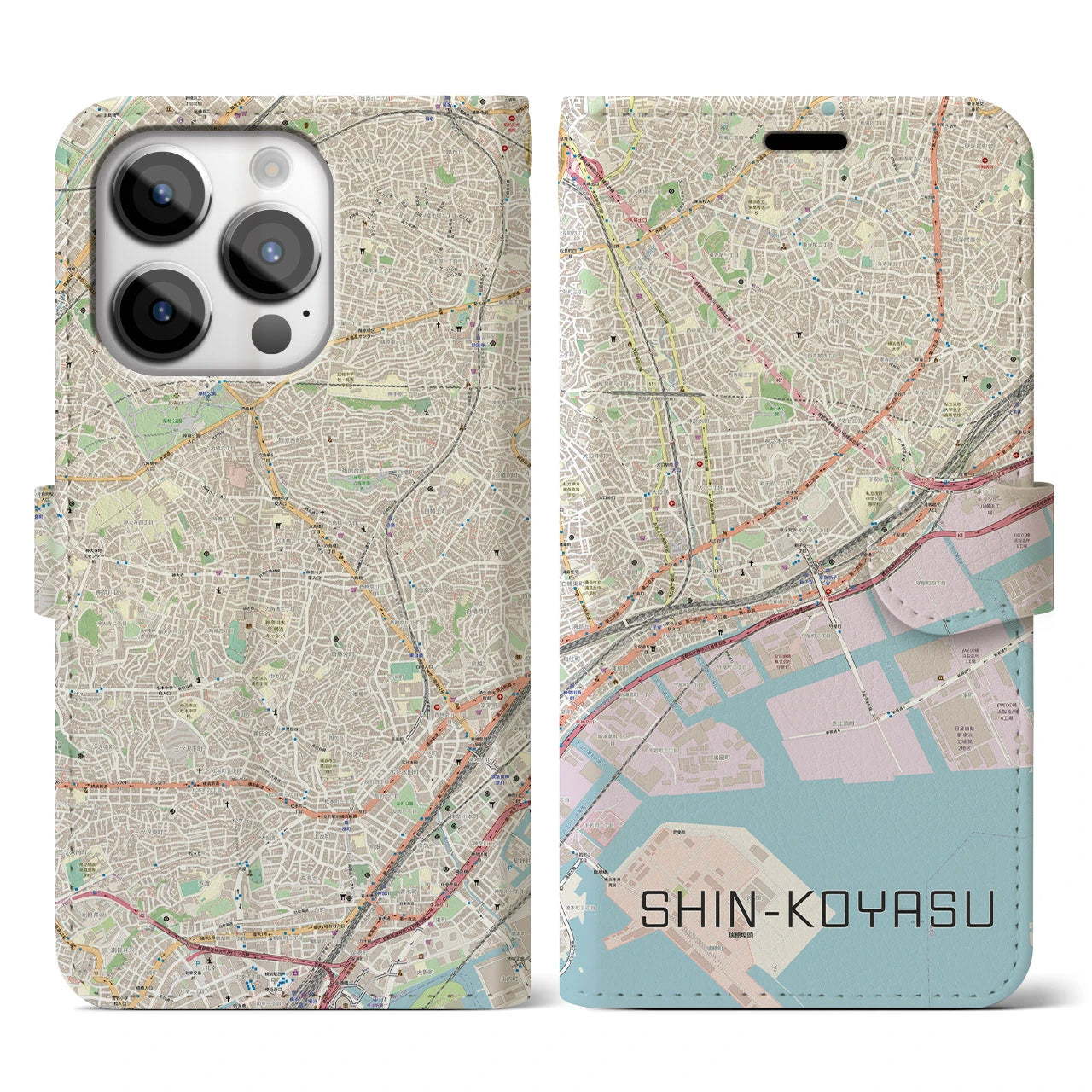 【新子安(神奈川県)】地図柄iPhoneケース(手帳タイプ)ナチュラル・iPhone 14 Pro 用