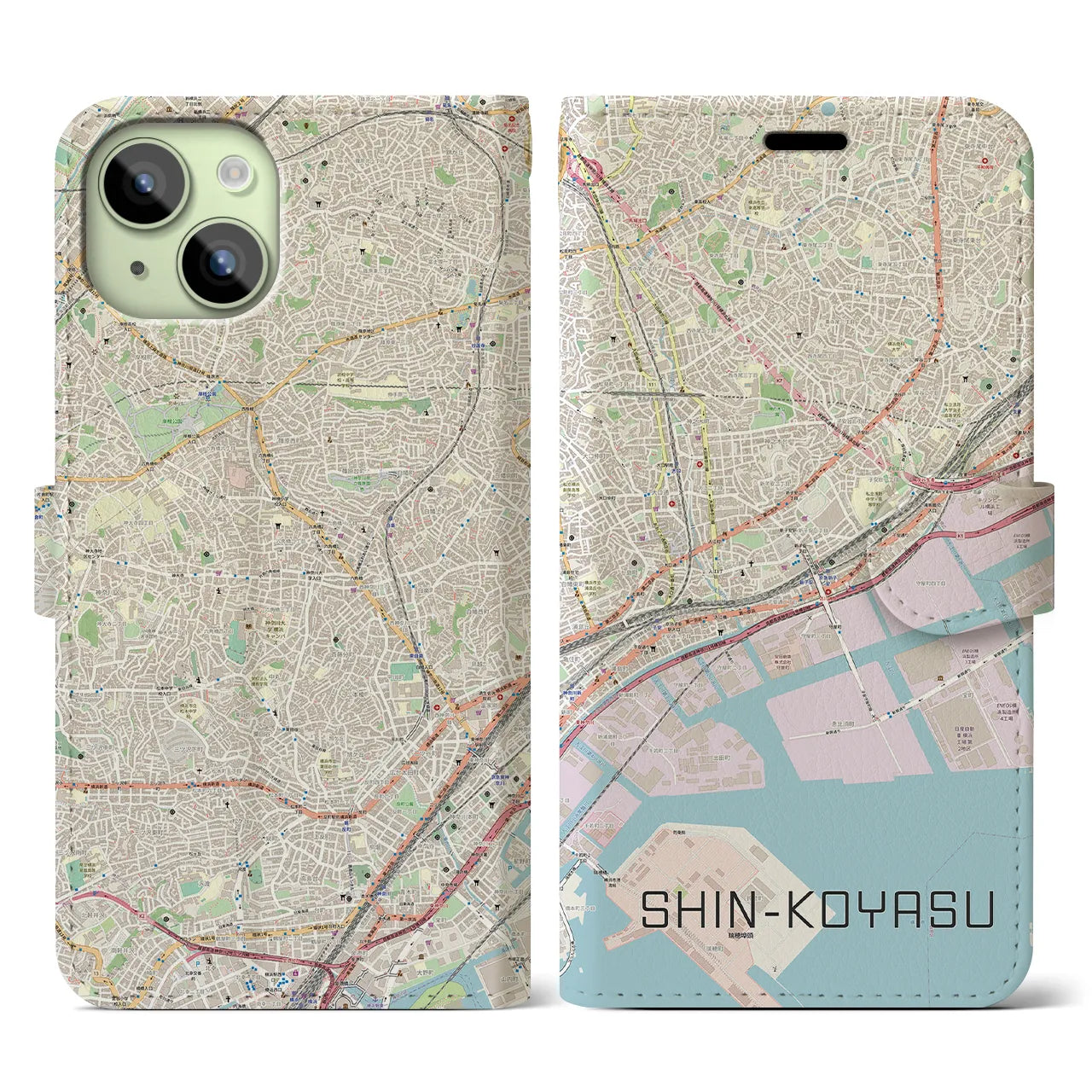 【新子安(神奈川県)】地図柄iPhoneケース(手帳タイプ)ナチュラル・iPhone 15 用