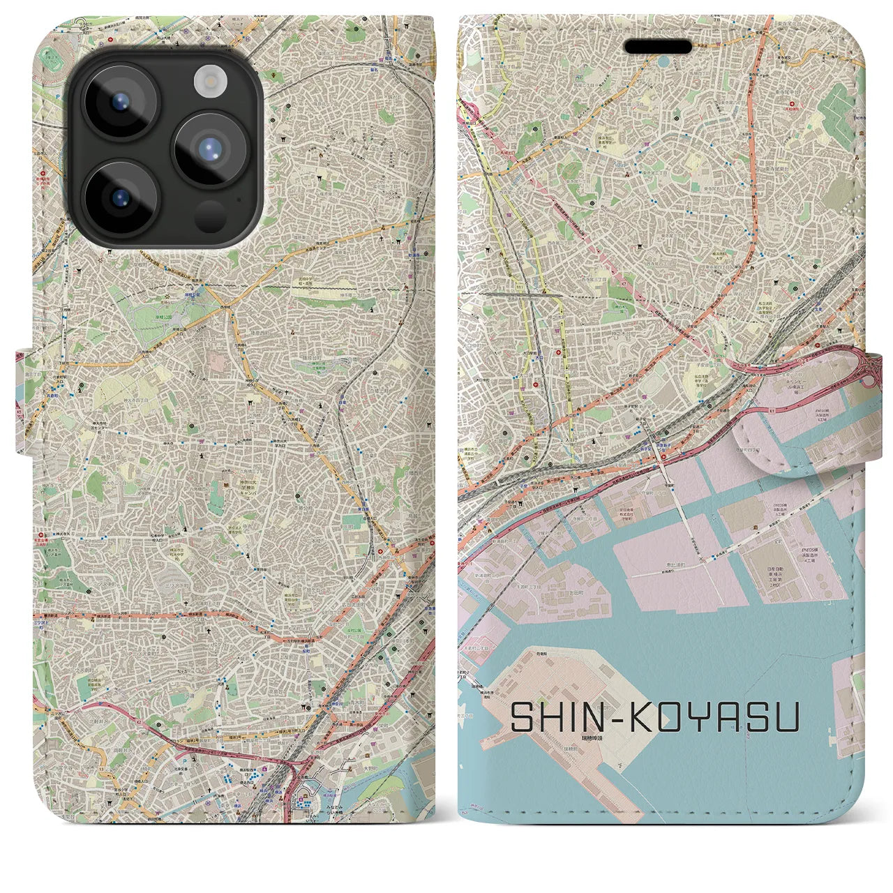 【新子安(神奈川県)】地図柄iPhoneケース(手帳タイプ)ナチュラル・iPhone 15 Pro Max 用