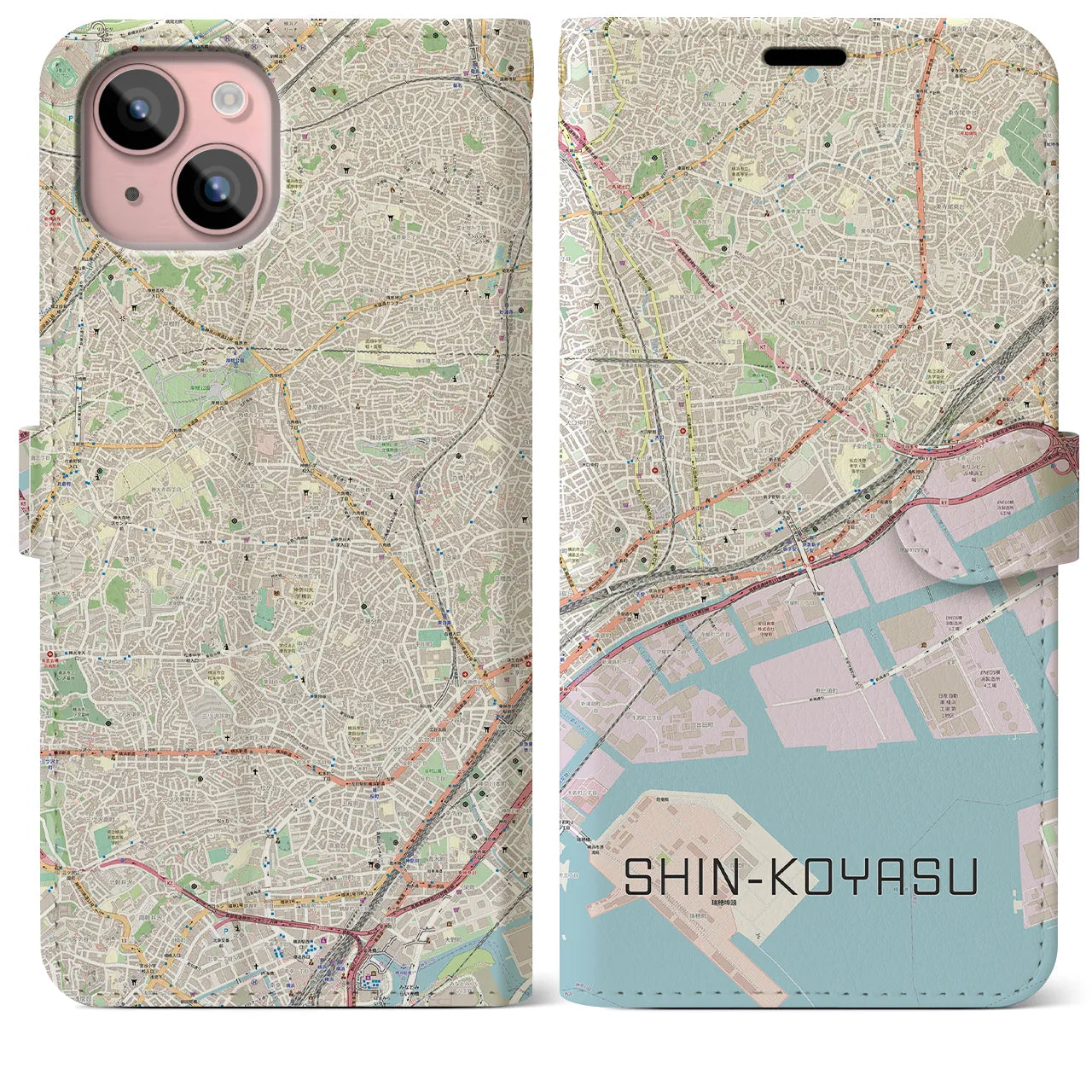 【新子安(神奈川県)】地図柄iPhoneケース(手帳タイプ)ナチュラル・iPhone 15 Plus 用