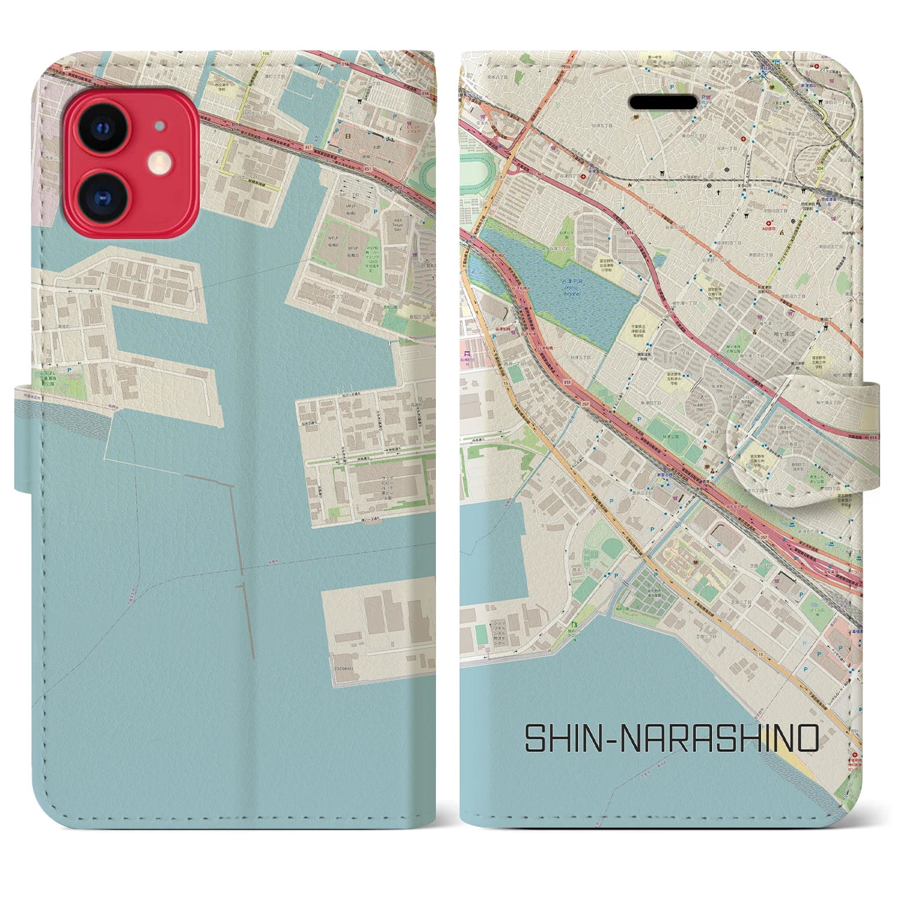【新習志野(千葉県)】地図柄iPhoneケース(手帳タイプ)ナチュラル・iPhone 11 用