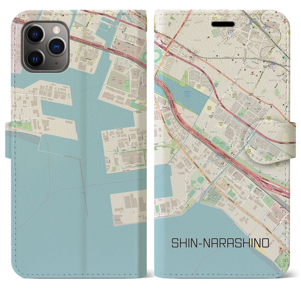 【新習志野(千葉県)】地図柄iPhoneケース(手帳タイプ)ナチュラル・iPhone 11 Pro Max 用