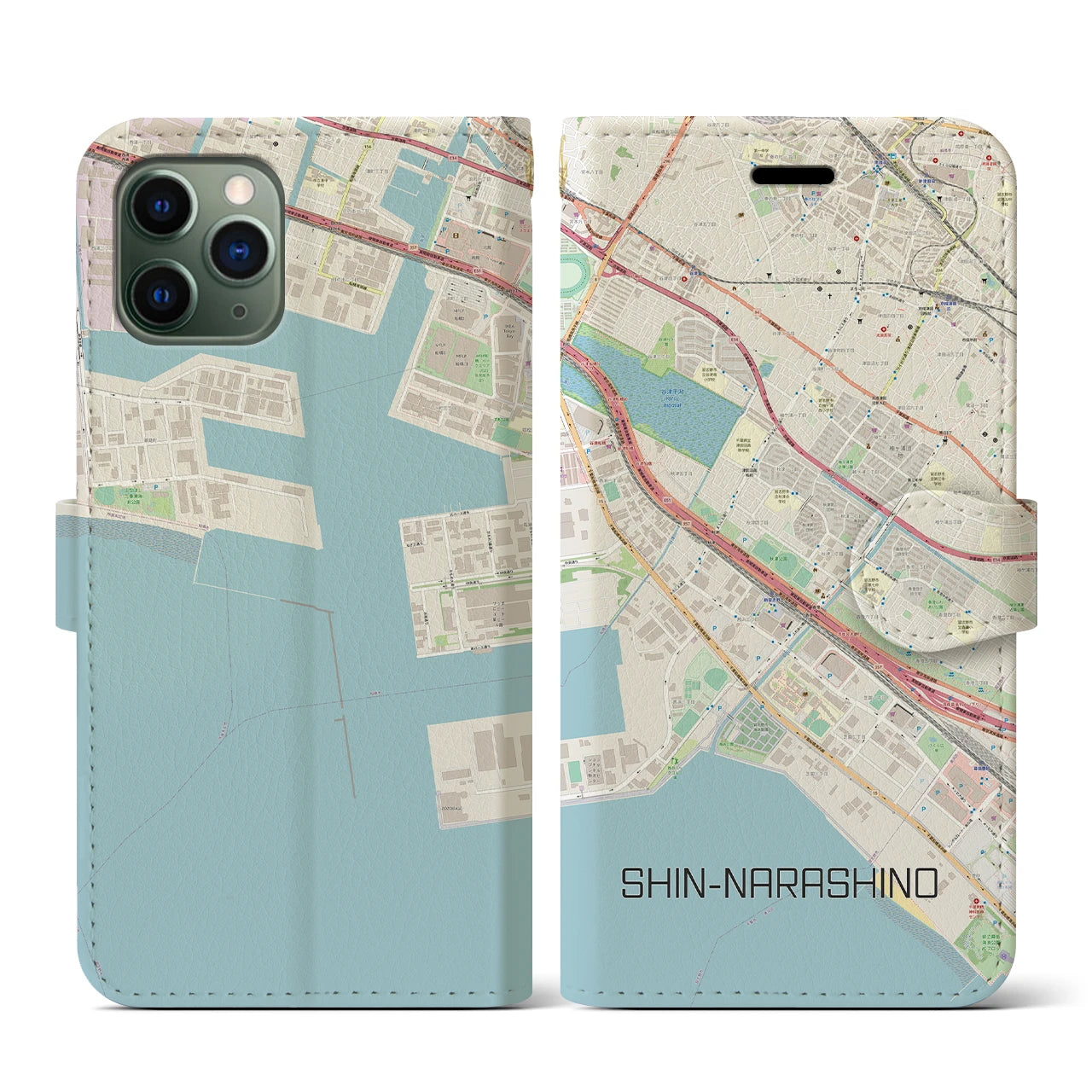 【新習志野(千葉県)】地図柄iPhoneケース(手帳タイプ)ナチュラル・iPhone 11 Pro 用