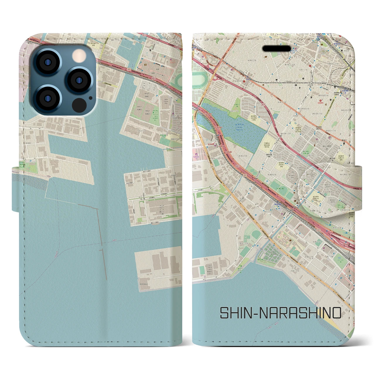 【新習志野(千葉県)】地図柄iPhoneケース(手帳タイプ)ナチュラル・iPhone 12 / 12 Pro 用